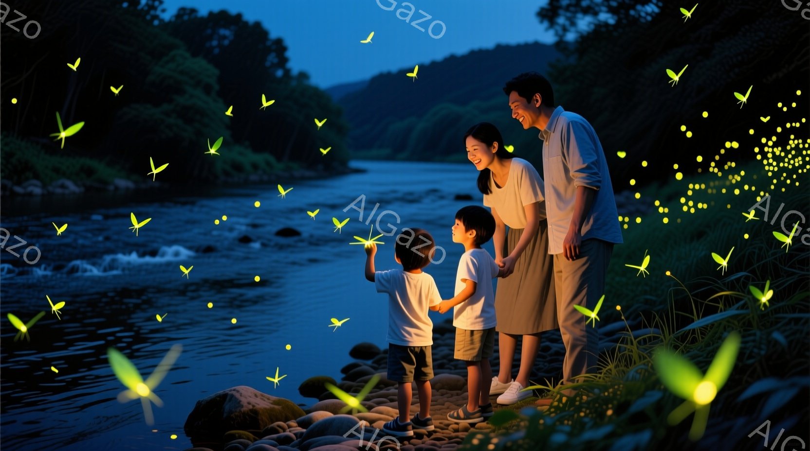 少年と少女が石だらけの川岸でホタルを追いかけている様子が描かれています。少年は白のTシャツと短パン、少女は薄いピンク色のワンピースを着ており、両親は背景で微笑んでいます。夜の川と周囲の緑豊かな自然が、穏やかで幻想的な雰囲気を醸し出しています。