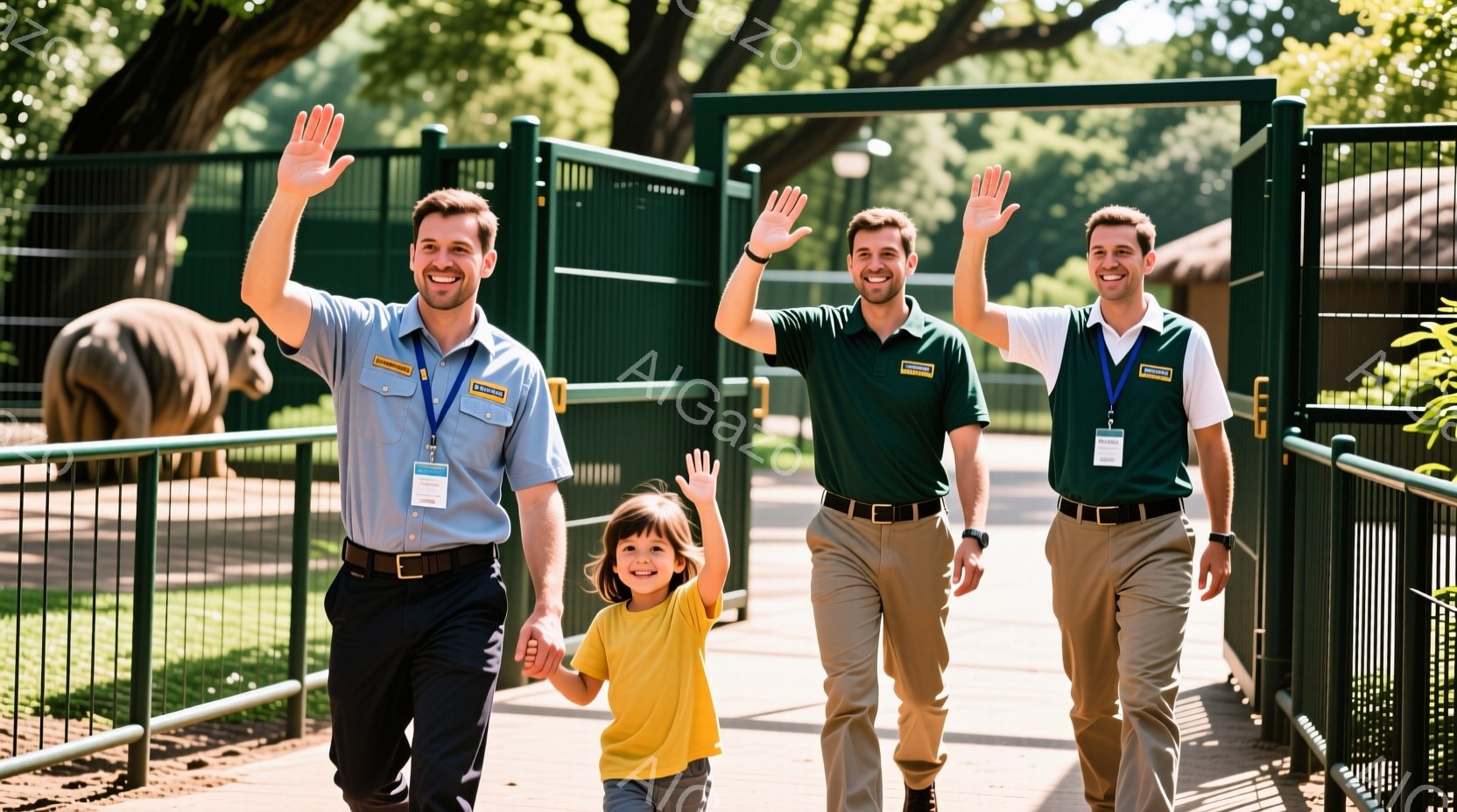 少年が2人の男性スタッフに挟まれて歩道を進んでいます。3人は皆笑顔で手を振っており、少年は黄色いTシャツを着て、男性スタッフはベージュのズボンに緑色のポロシャツ姿です。背景には柵と緑豊かな木々が見え、晴れた日の動物園の賑やかな雰囲気が伝わってきます。