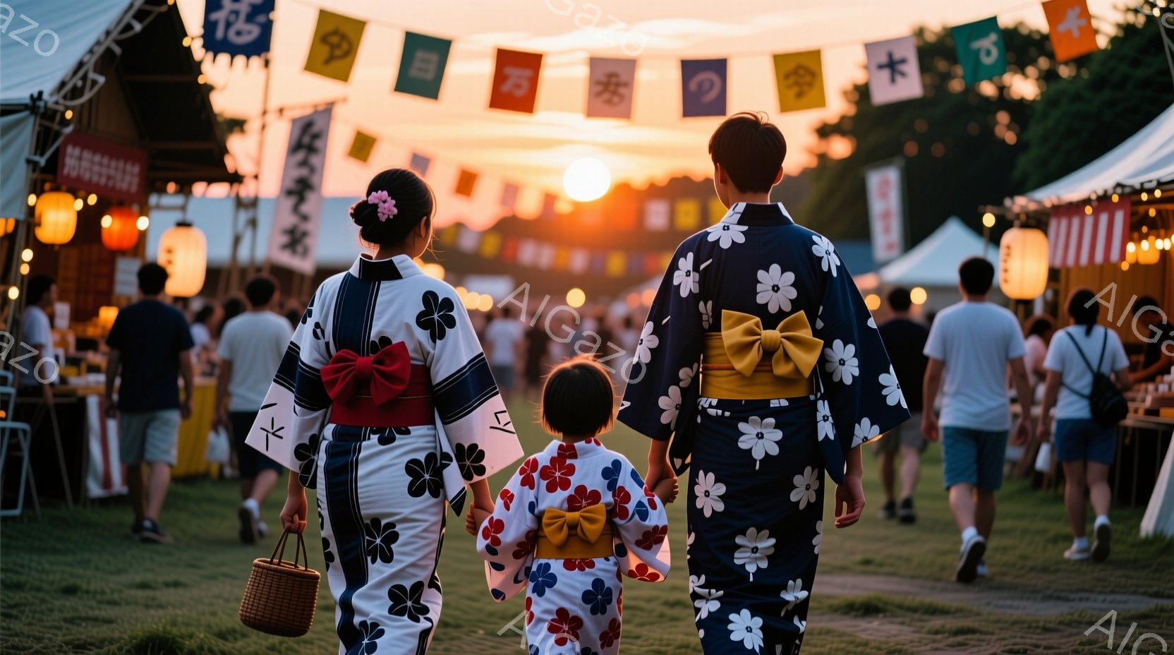 夕暮れ時の祭りで、浴衣を着た親子が歩いている様子が捉えられています。母親は黒地に白とピンクの花柄の浴衣に赤い帯、娘は赤地に白とピンクの花柄の浴衣を着ており、母親は髪を後ろでまとめ、娘は三つ編みです。背 - AI生成フリー素材