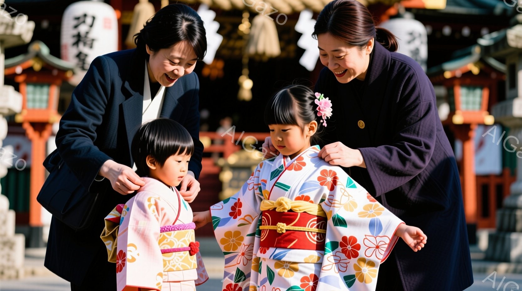 二人の小さな女の子が、鮮やかな色の着物を着ており、それぞれ髪に可愛らしい髪飾りをつけています。一人の女性が、片方の女の子の着物の襟を整えようとしており、もう一人の女の子は両手を広げて笑顔を見せています。背景には、伝統的な日本の寺院が見え、晴れた空の下、お祝いや特別な行事の雰囲気が漂っています。