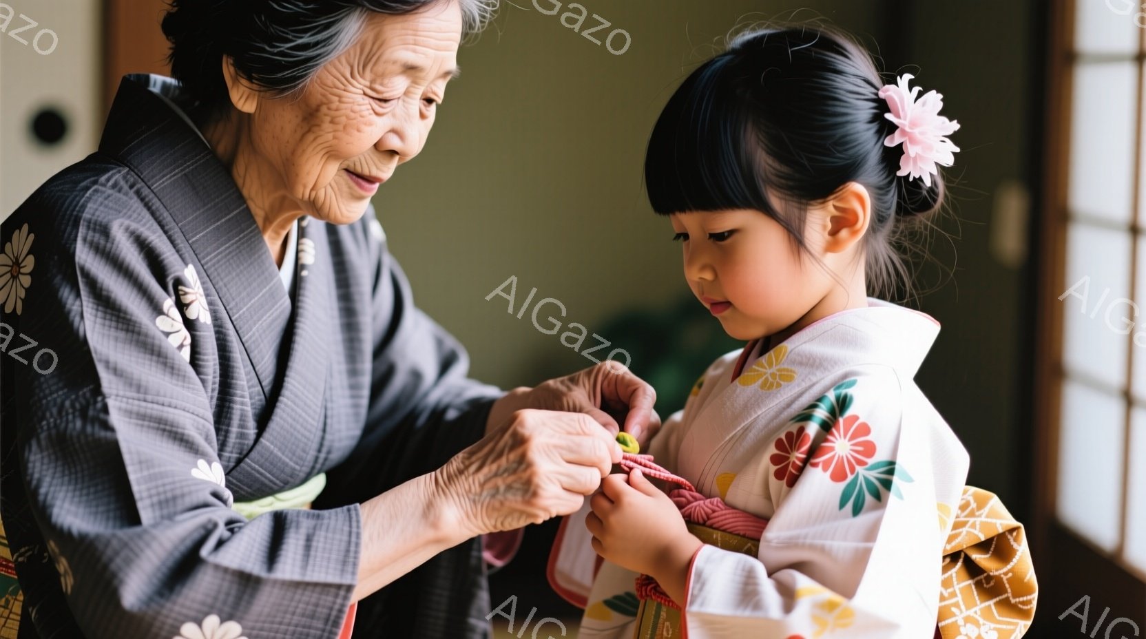 年配の女性が、着物を着た幼い少女の帯を結んであげています。少女は薄いクリーム色の着物で、赤い紐と花柄がアクセントになっています。背景は薄暗い木製の部屋で、穏やかで温かい家庭的な雰囲気が漂っています。