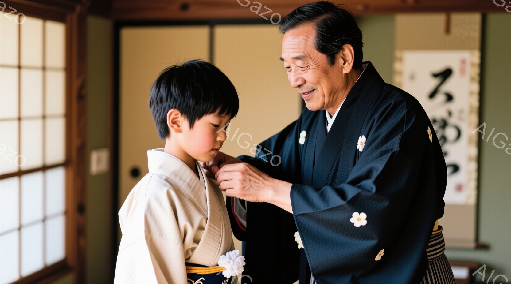 少年は白い着物を着ており、帯は金色の模様が入っています。おじいさんは濃い青色の着物とハチマキを着ており、少年の着物のネクタイを結んであげています。背景には障子と掛け軸が見え、室内は落ち着いた温かい雰囲気です。
