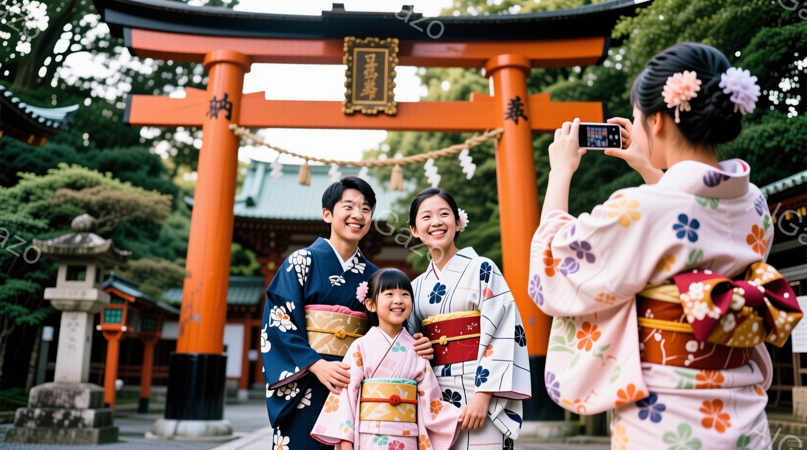 鮮やかな朱色の鳥居を背景に、着物を着た家族が笑顔で記念撮影をしています。母親はピンク色の着物で髪を飾り、子供たちはそれぞれ異なる柄の可愛らしい着物を着ています。周囲には緑豊かな木々が見え、晴れた日の穏やかな雰囲気が伝わってきます。