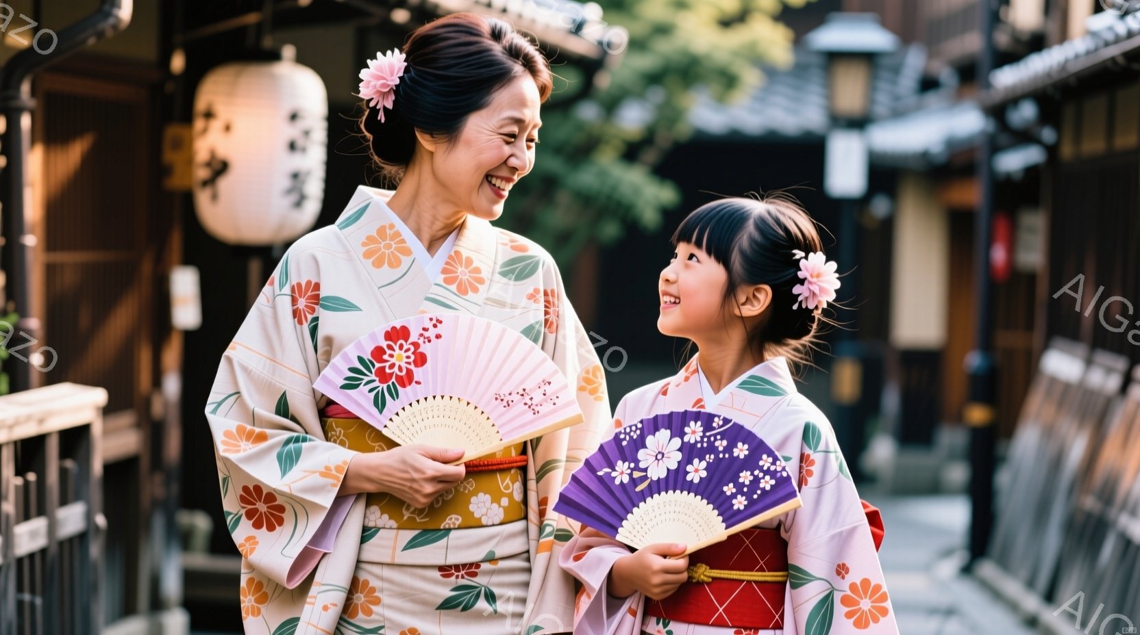 着物姿の女性と少女が寄り添って微笑んでいます。女性は明るいベージュ色の花柄の着物で、髪には白い花飾りをつけています。背景には伝統的な木造建築が並び、柔らかい日差しが差し込む、穏やかで温かい雰囲気の画像 - AI生成フリー素材
