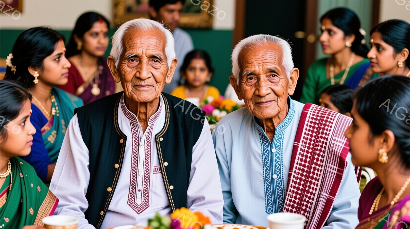 2人の高齢男性が中央に位置し、それぞれ明るい色の民族衣装を着ています。彼らは穏やかな表情でカメラを見つめており、背後には緑色のサリーを着た女性や子どもたちが写っています。背景はぼやけており、おそらく何らかの集まりや儀式が行われている屋内空間と思われます。