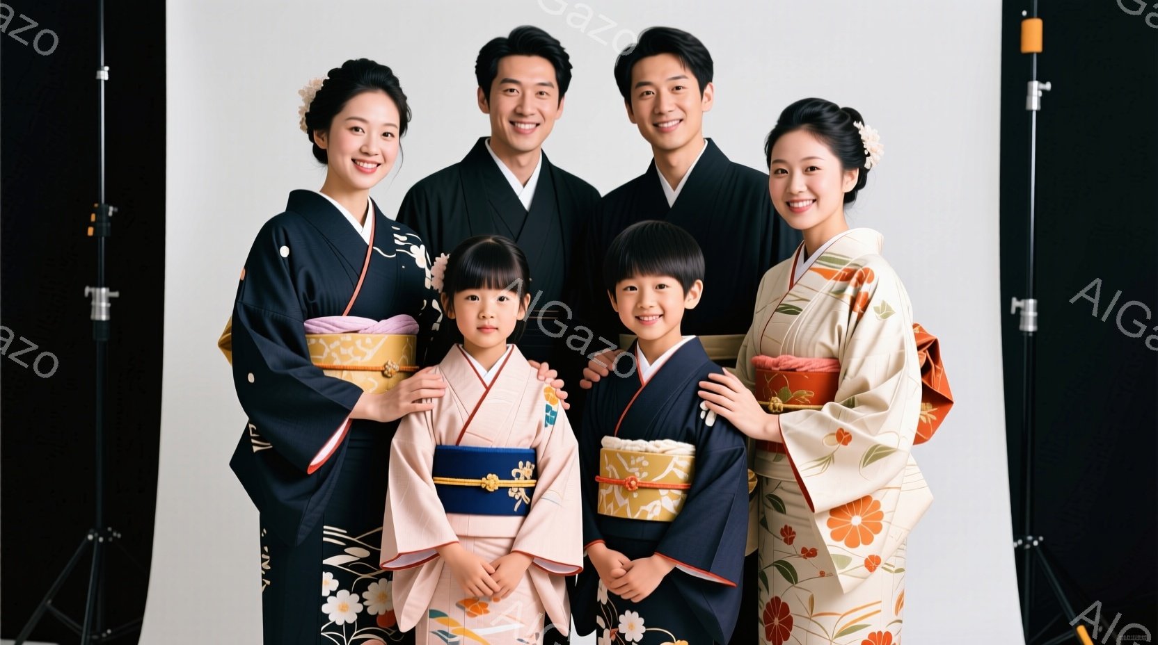 着物姿の家族が写っています。母親と娘はクリーム色の花柄の着物を、父親と息子は濃い青色の着物をそれぞれ着用しており、皆笑顔で寄り添っています。背景は黒で、スタジオ撮影であることがわかります。