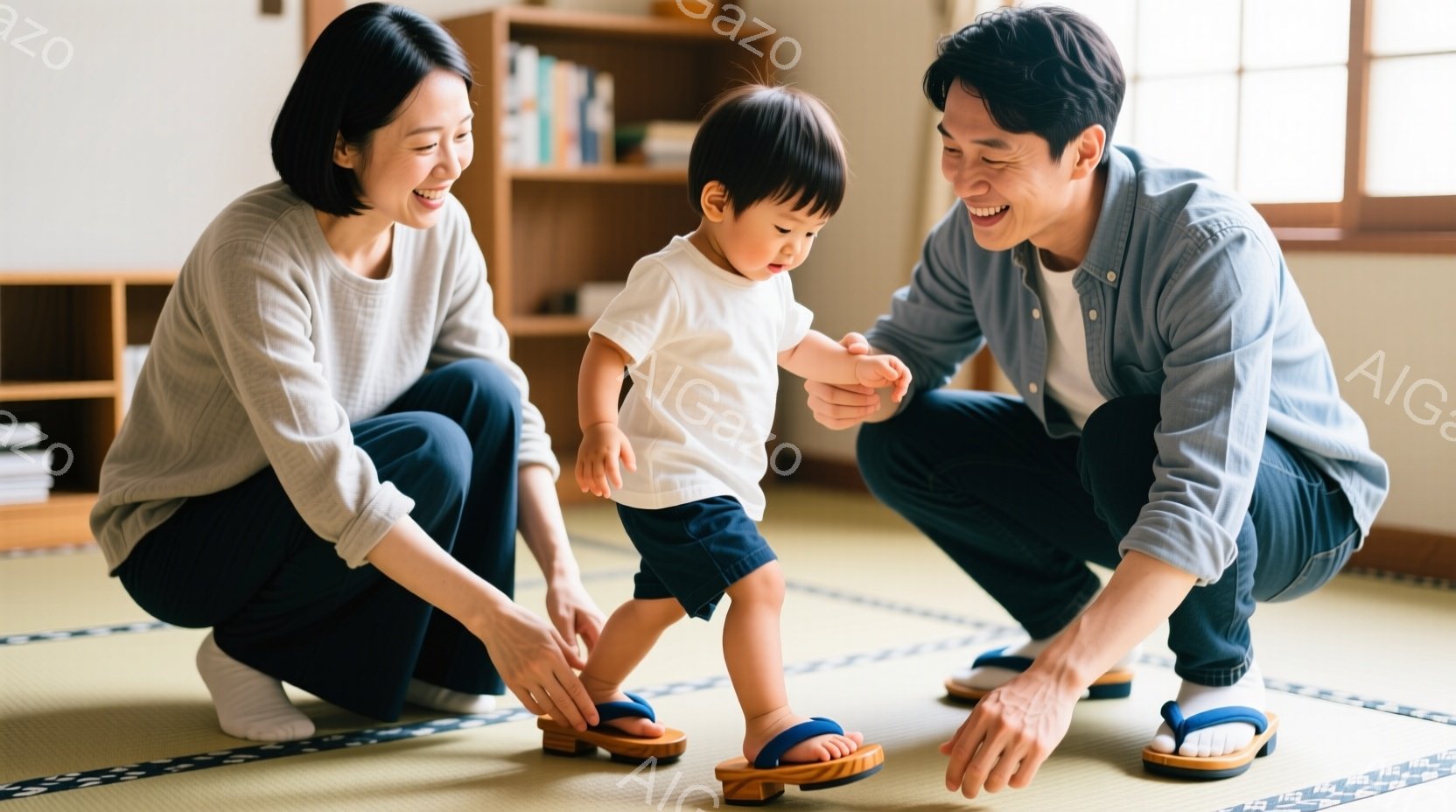 畳の上に、小さな男の子が初めて下駄を履こうとしています。母親は親切そうに男の子の足を支え、父親は笑顔でそれを見守っています。背景には木製の棚があり、温かく穏やかな家庭の雰囲気が伝わってきます。 - AI生成フリー素材