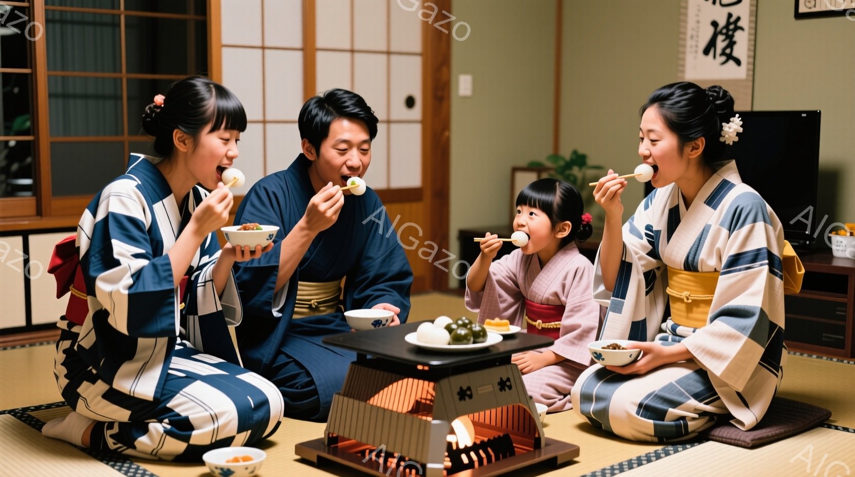 畳の上に座っている家族が描かれており、皆、和装を着ています。彼らは小さな卓上コンロの周りに集まり、団子のようなものを楽しんでいます。皆、笑顔で、温かく、穏やかな家庭の雰囲気が漂っています。 - AI生成フリー素材
