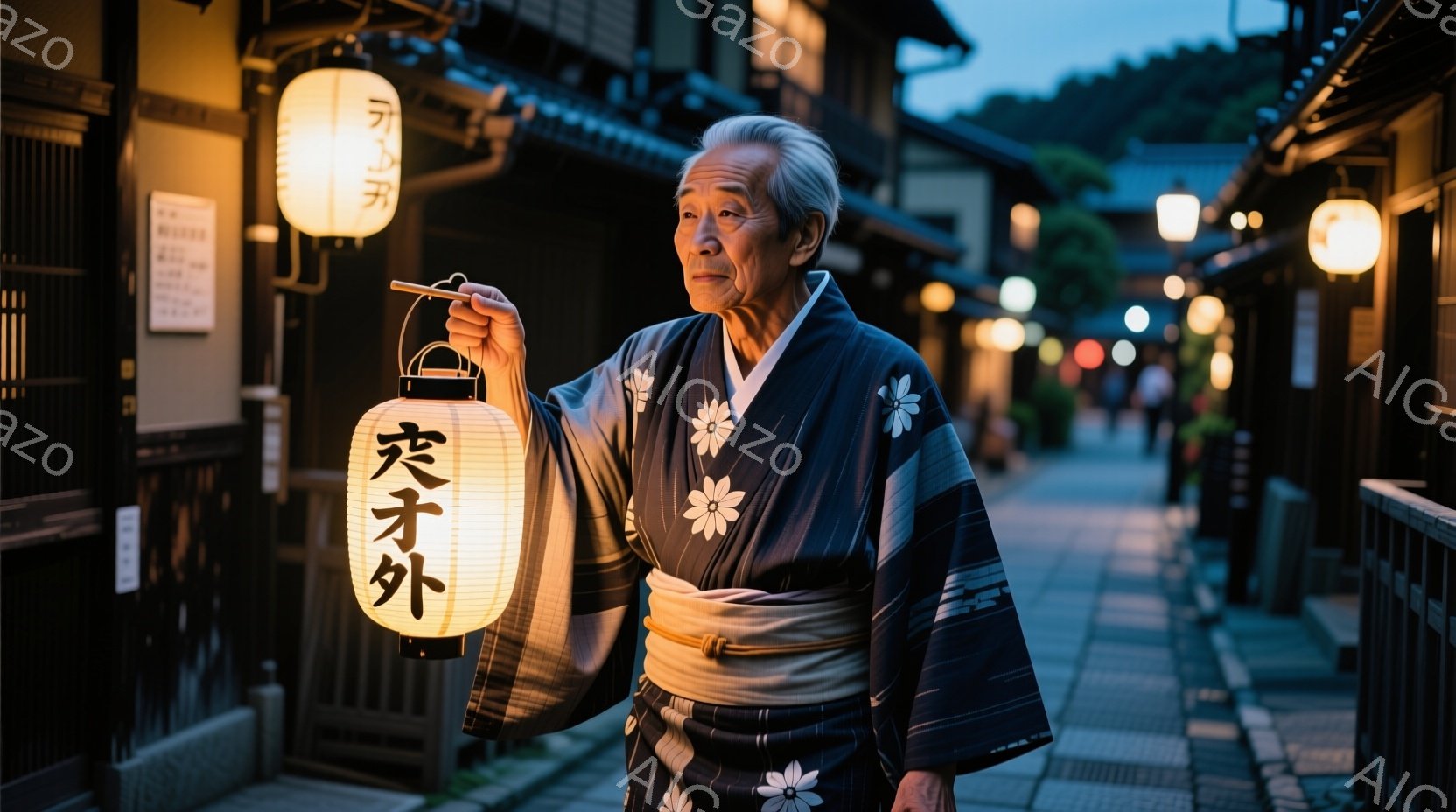 白髪の老人が、藍色の着物と黒い帯を身につけ、柄は白い花が散りばめられています。彼は提灯を手に持ち、やや前かがみの姿勢で石畳の道を歩いています。背景には木造の家並みが続き、薄暗い光の中に暖かな灯りが灯り、古都の静かで趣のある雰囲気が漂っています。