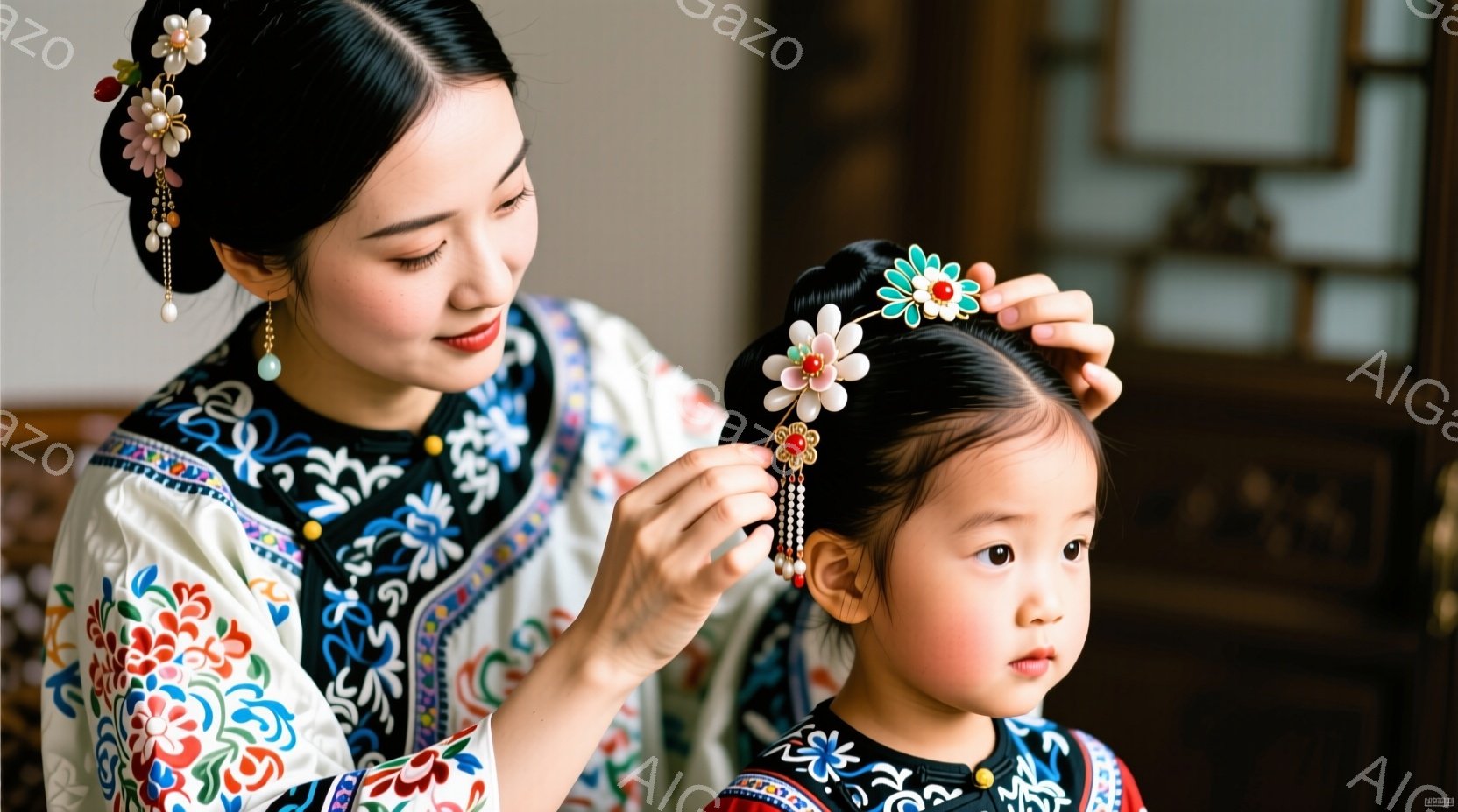 母親が幼い娘の髪に装飾品をつける様子を捉えたものです。二人は鮮やかな刺繍が施された伝統的な衣装を身につけ、娘は少し照れたような表情をしています。背景には木製の家具が見え、暖かく穏やかな雰囲気が漂ってい - AI生成フリー素材