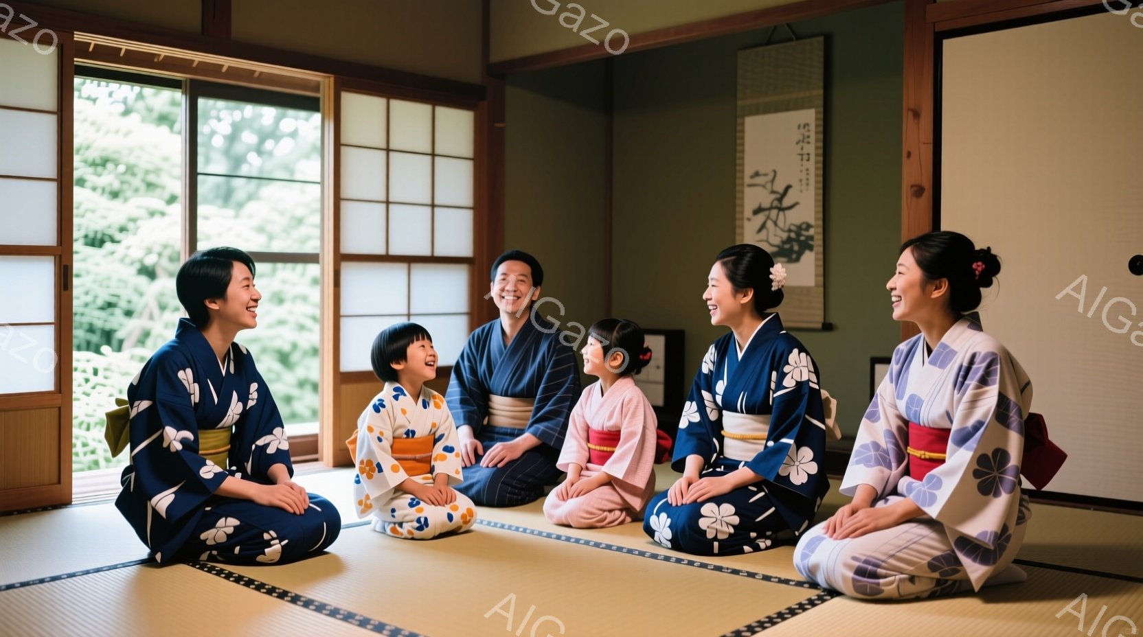 畳の上に座っている家族の画像です。女性たちは花柄の着物を着ており、髪を後ろでまとめています。皆笑顔で、楽しそうな雰囲気です。 - AI生成フリー素材