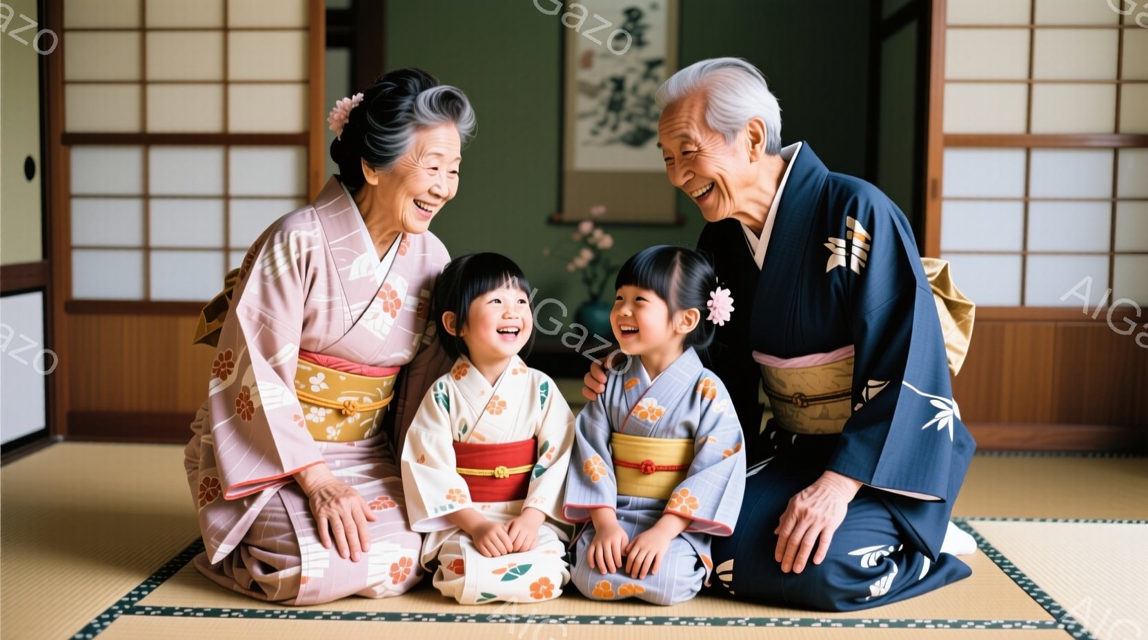 畳の部屋で笑顔の老夫婦と二人の幼い女の子が写っています。女性はピンクと白の花柄の着物を着ており、髪を綺麗にまとめ、優しい笑顔を浮かべています。男性は濃い藍色の着物を着ており、女の子たちは同じように花柄の着物を着て、ひざを抱え、楽しそうに笑っています。