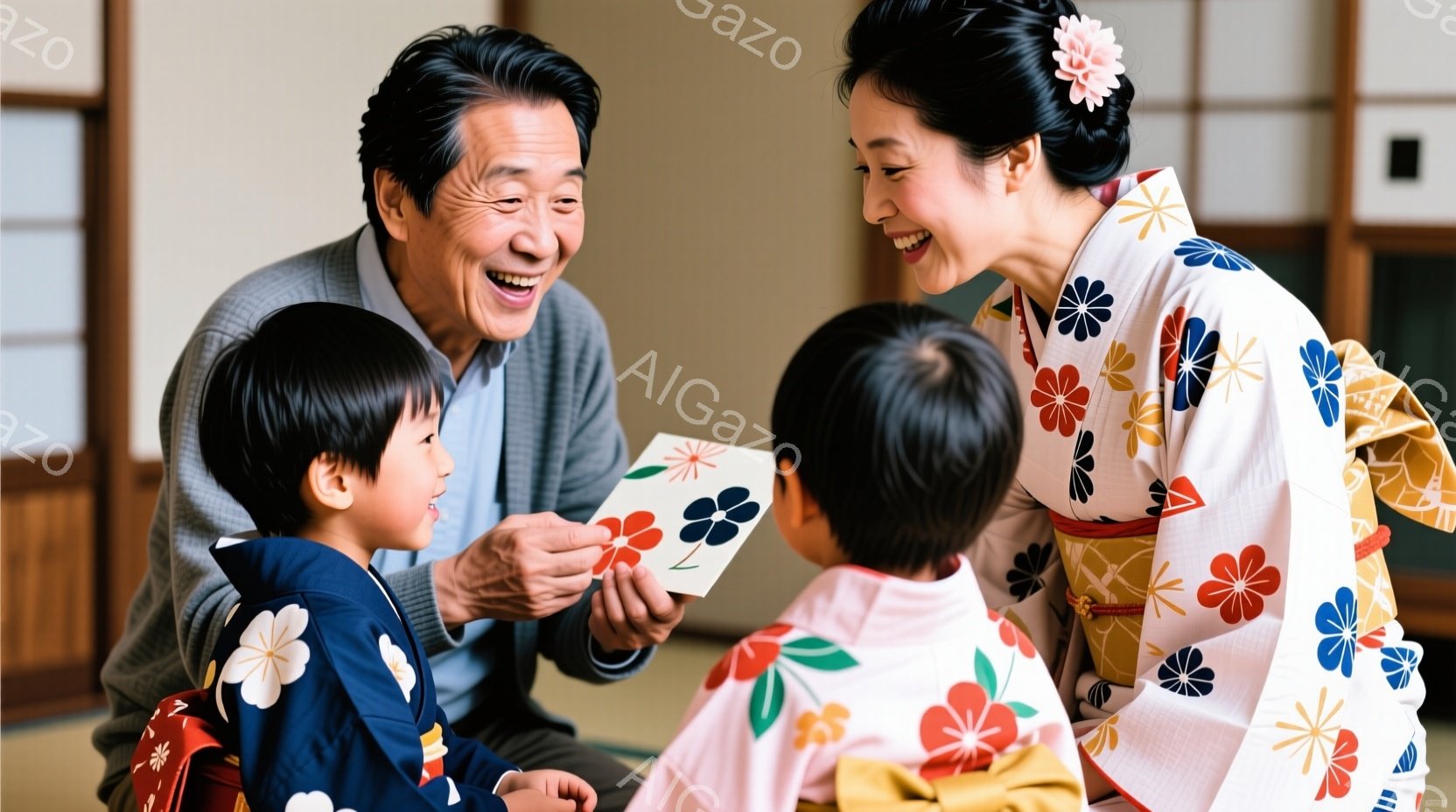祖父と祖母と二人の子供たちが床に座って遊んでいます。祖父は花柄のカードを持ち、微笑んでいます。祖母と子供たちは笑顔で彼を見ており、背景には伝統的な日本の家屋が見えます。 - AI生成フリー素材