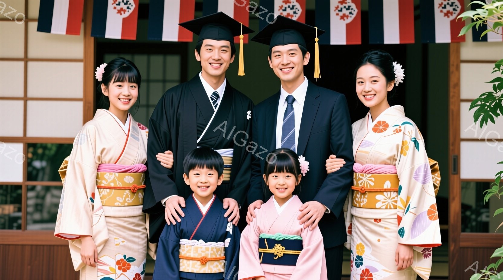 卒業式を祝う家族の姿が写っている。両親はそれぞれ袴とドレス姿で、子供たちは可愛らしい着物を着ている。背景には伝統的な日本の家屋と、お祝いの提灯が飾られ、晴れた空の下、温かく幸せな雰囲気が漂っている。 - AI生成フリー素材
