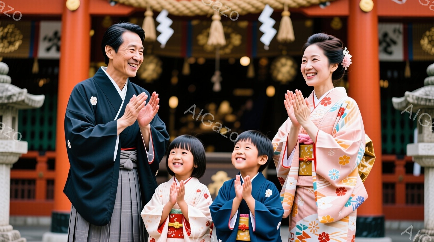 鮮やかな朱色の背景に、一家四人が着物姿で笑顔を見せています。父親は濃紺の着物、母親と子供たちはピンクと白を基調とした華やかな着物を着用し、皆、手を合わせて祈るようなポーズをとっています。背景には伝統的 - AI生成フリー素材