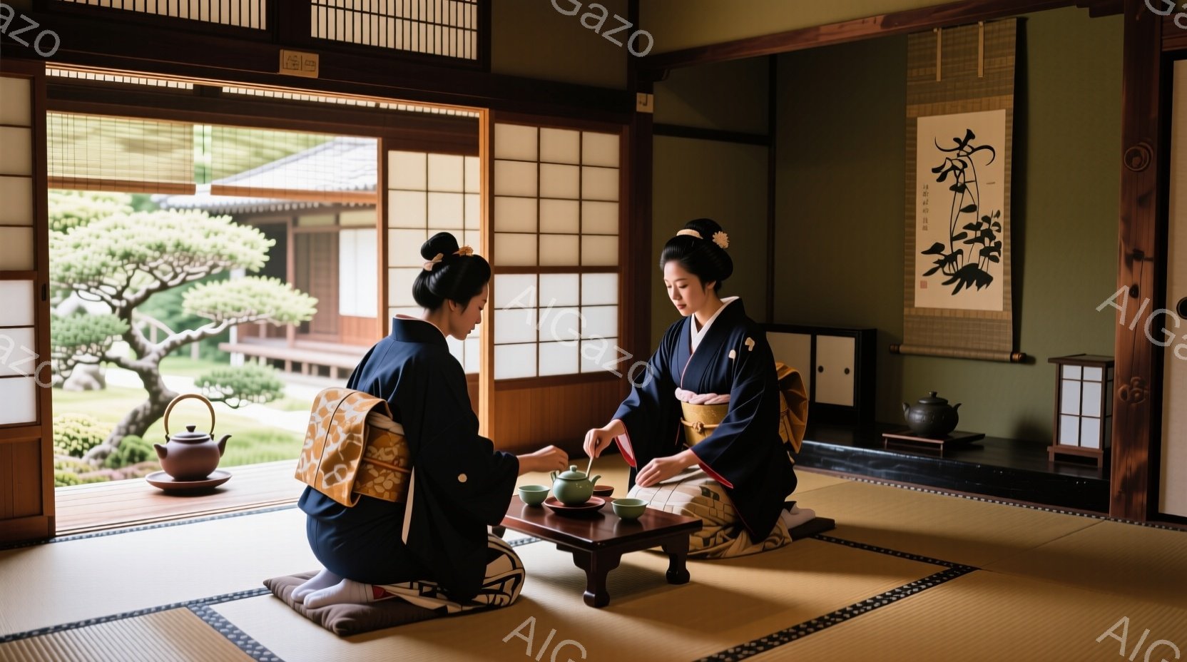 二人の女性がお茶を提供する茶道の場があります。彼女たちは日本の伝統的な茶装で、一方は茶碗と茶入れを持っています。室内には植物や軒造りの家屋が見られる。雰囲気は文化的で和みのある空間。