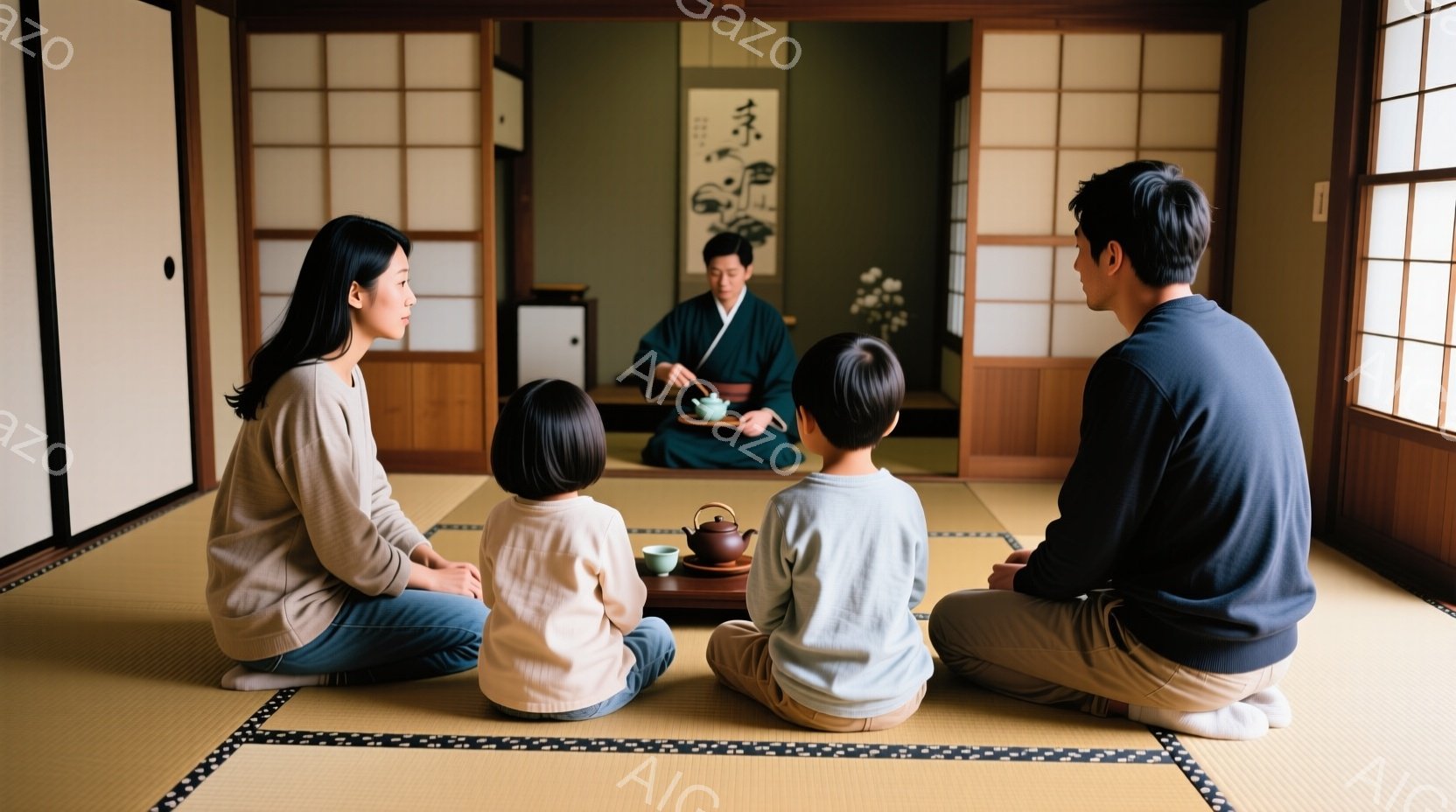 畳の上に座る家族が描かれています。母親はベージュ色のセーターを着ており、二人の子供たちはグレーのセーターを着て座っています。奥には着物を着た女性が茶道具を前にして座っており、伝統的な日本家屋の雰囲気が漂っています。