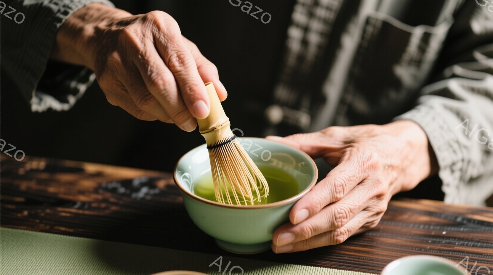年配の人物が抹茶を点てる様子が写っている。茶碗の中で茶筅が抹茶を混ぜているのが見え、手はしわが寄っており、長年の経験を感じさせる。背景は木目調のテーブルで、落ち着いた雰囲気の中に日本の伝統が感じられる。