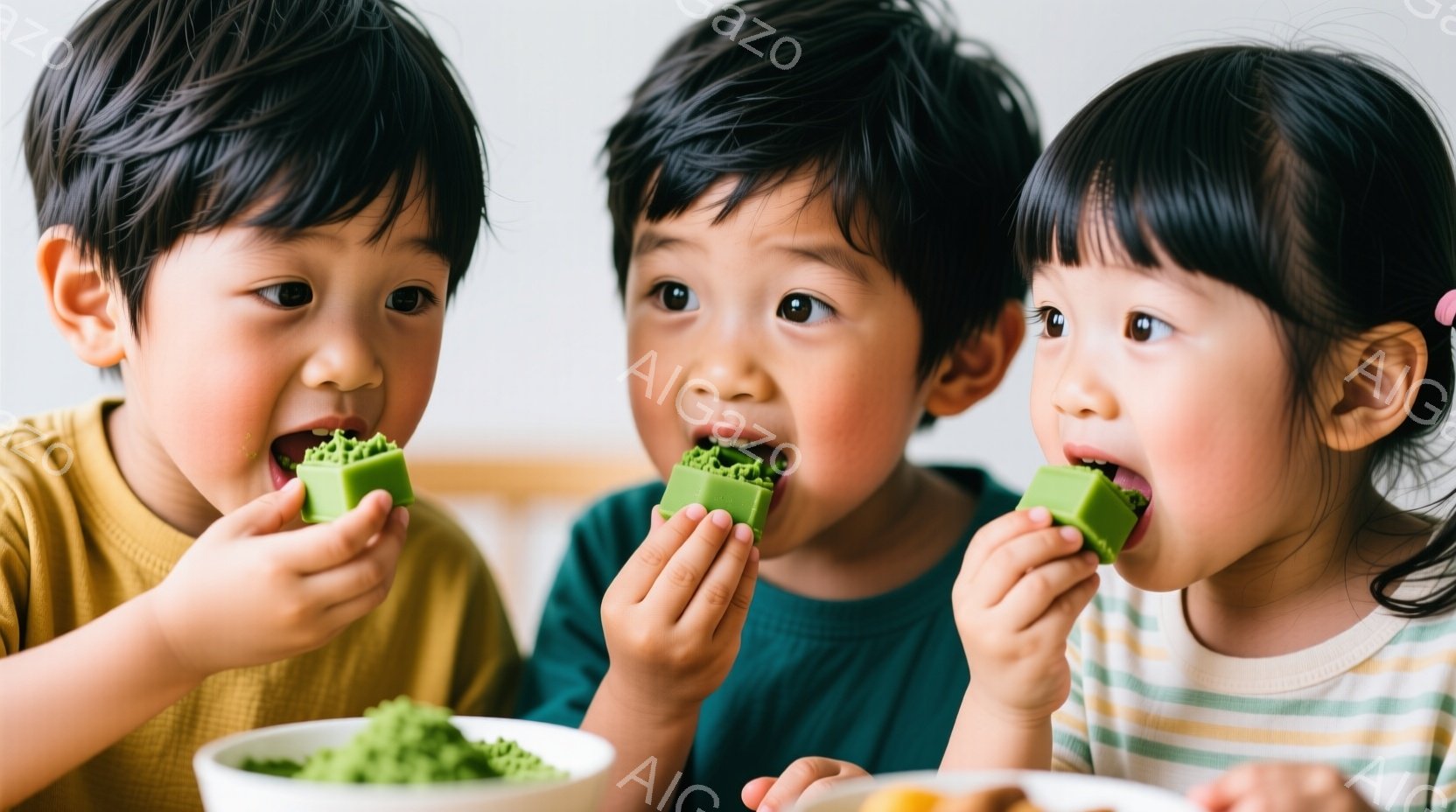 三人の幼い子どもたちが緑色の立方体状の食べ物を口に運んでいる様子が写っています。それぞれ黄色、濃い緑、ストライプの服を着ており、黒髪の髪型で、顔には食べ物を楽しむ笑顔が見られます。背景には、ぼやけた食器や食べ物が写っており、温かく家庭的な雰囲気が漂っています。