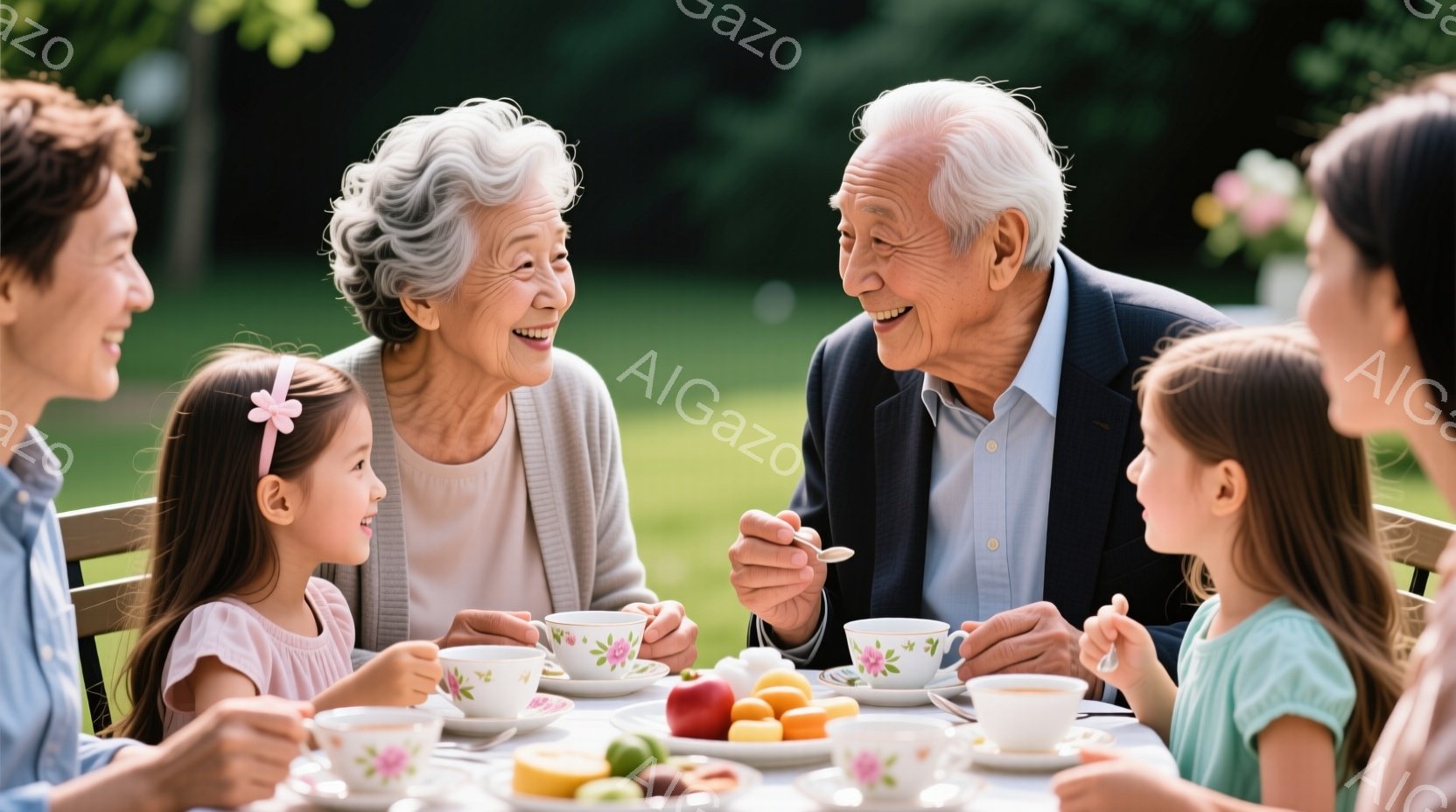 庭のテーブルを囲んでお茶を楽しむ人々が写っています。おばあちゃんは優しい笑顔で、ピンクのワンピースを着た幼い女の子と向かい合っています。背景には緑豊かな庭園と晴天が広がり、温かく幸せな雰囲気が漂っています。