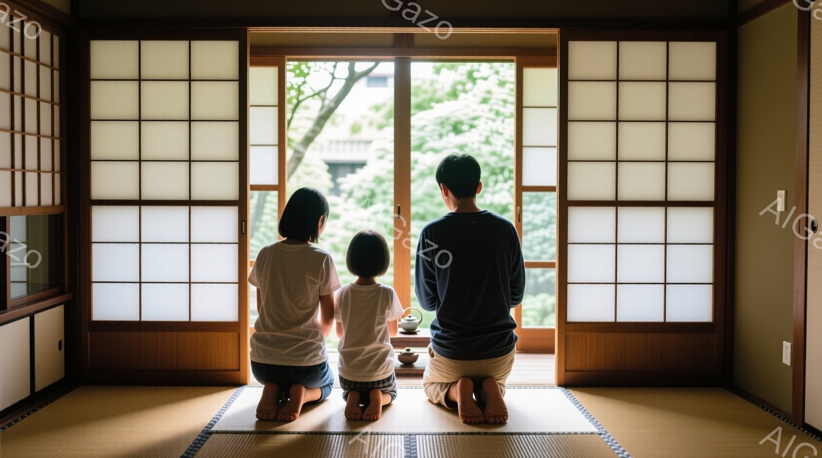 畳の上に座っている女性と子供の背中が映っています。女性は白いTシャツ、子供は白いシャツと短いズボンを着用しており、奥にはお茶碗が一つ置かれています。障子窓からは緑豊かな木々が見え、穏やかで静寂な雰囲気 - AI生成フリー素材