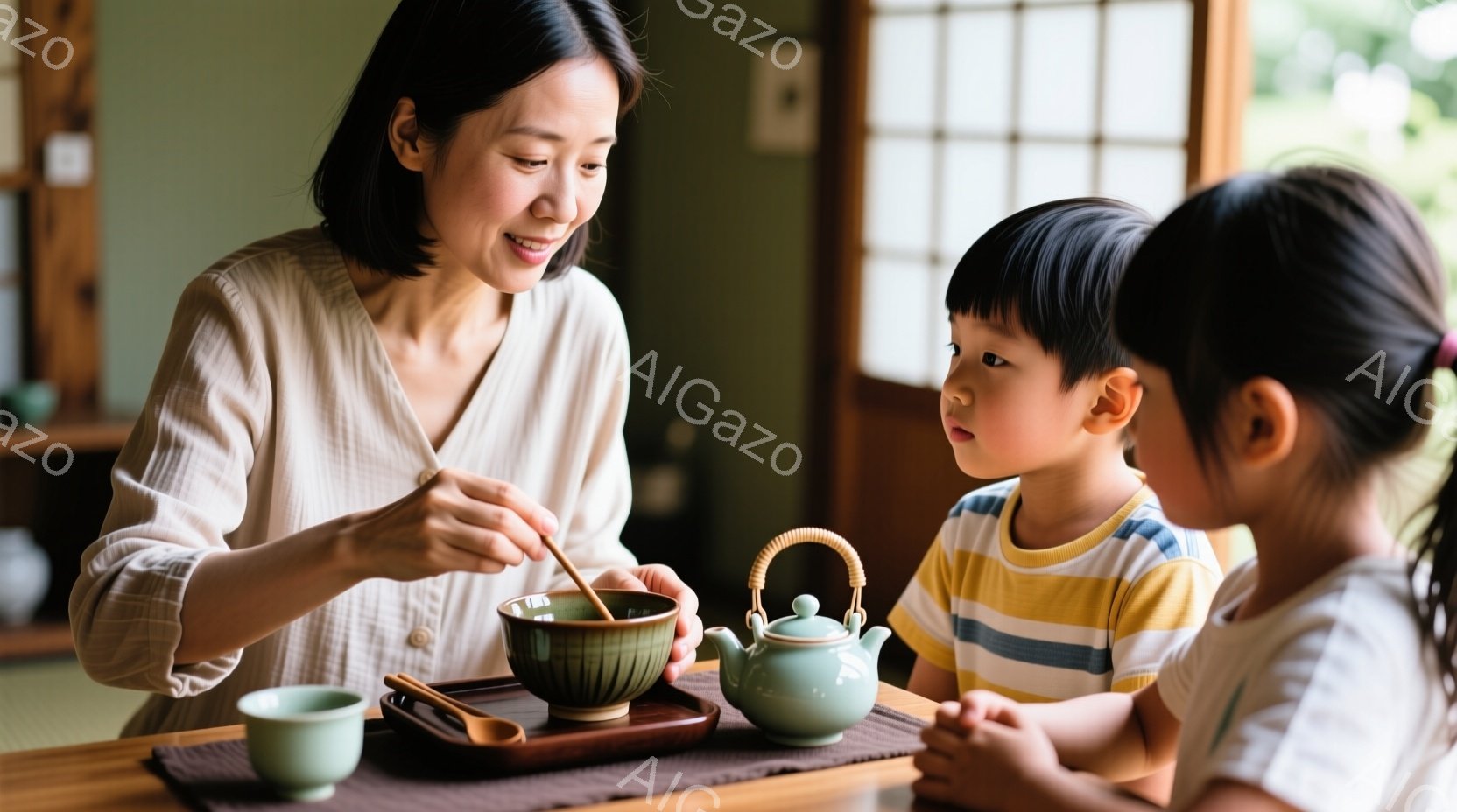 一人の女性が茶碗に何かを注いでおり、その様子を二人の子供が見ています。女性はベージュ色の長袖シャツを着ており、髪は後ろで一つにまとめています。背景には畳の部屋と、緑色のティーポット、茶碗、木製のスプーンが見え、落ち着いた和の雰囲気が漂っています。