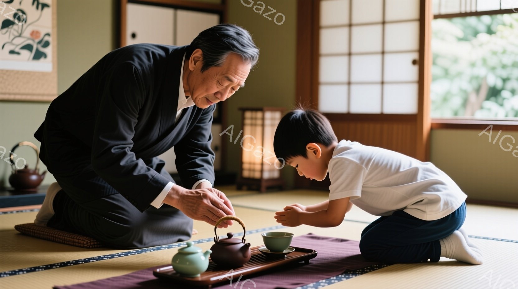 畳の上に正座している男性と少年が描かれています。男性は黒い着物を着ており、丁寧に茶壺から茶碗に緑茶を注いでいます。少年は白いシャツと紺色のズボンを着用し、男性の所作を熱心に見つめており、和やかな雰囲気が漂っています。