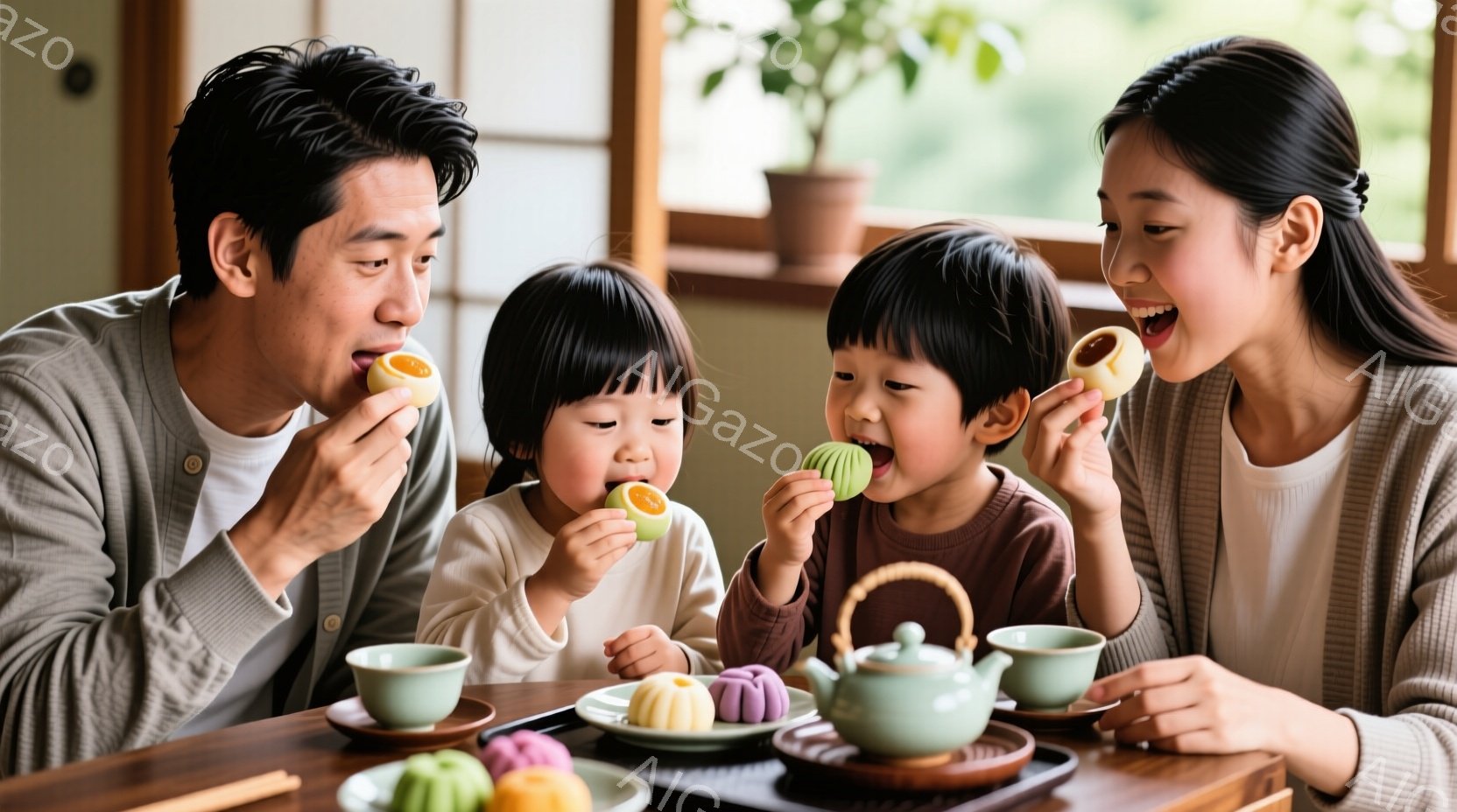 家族が食卓を囲み、それぞれ色とりどりの和菓子を口にしています。父親はグレーのカーディガン、母親は白いシャツ、子供たちは茶色いシャツを着ており、皆笑顔で幸せな表情をしています。背景には観葉植物と明るい光が差し込み、温かく穏やかな雰囲気が漂っています。