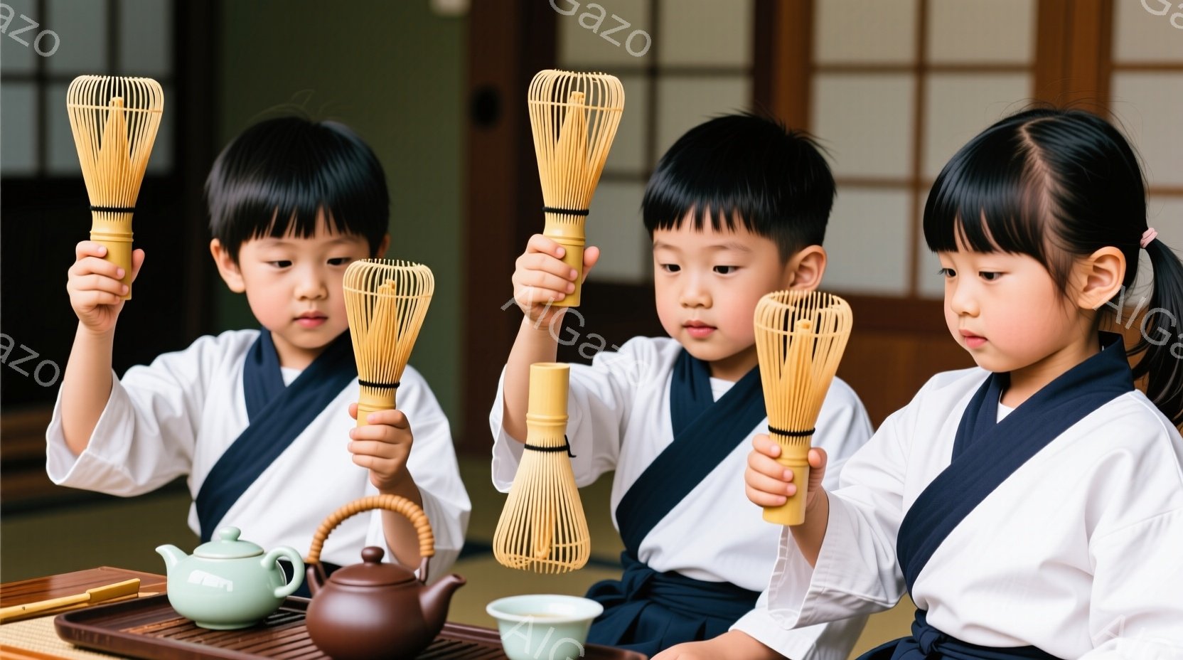 三人の幼い子供たちが、畳の上に座り、茶筅を手に持っています。白い着物に濃い青色の帯を締め、黒髪をきちんと整えています。背景には、茶道具と障子が見え、落ち着いた和の雰囲気が漂っています。