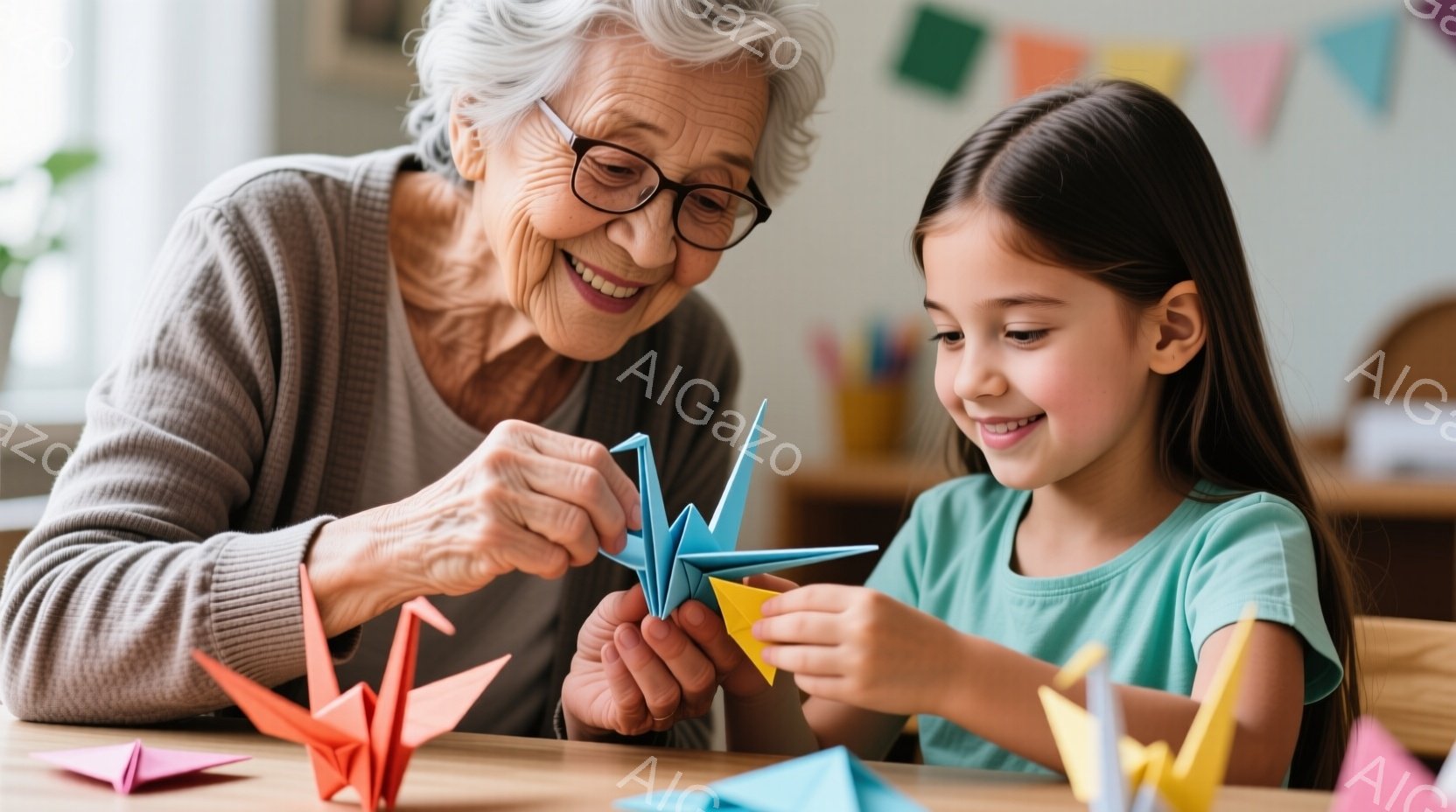 白髪の老婦人と若い少女が折り紙を作っています。老婦人は眼鏡をかけ、グレーのセーターを着て微笑んでいます。少女は青いシャツを着ており、折り紙に集中して笑顔を見せています。