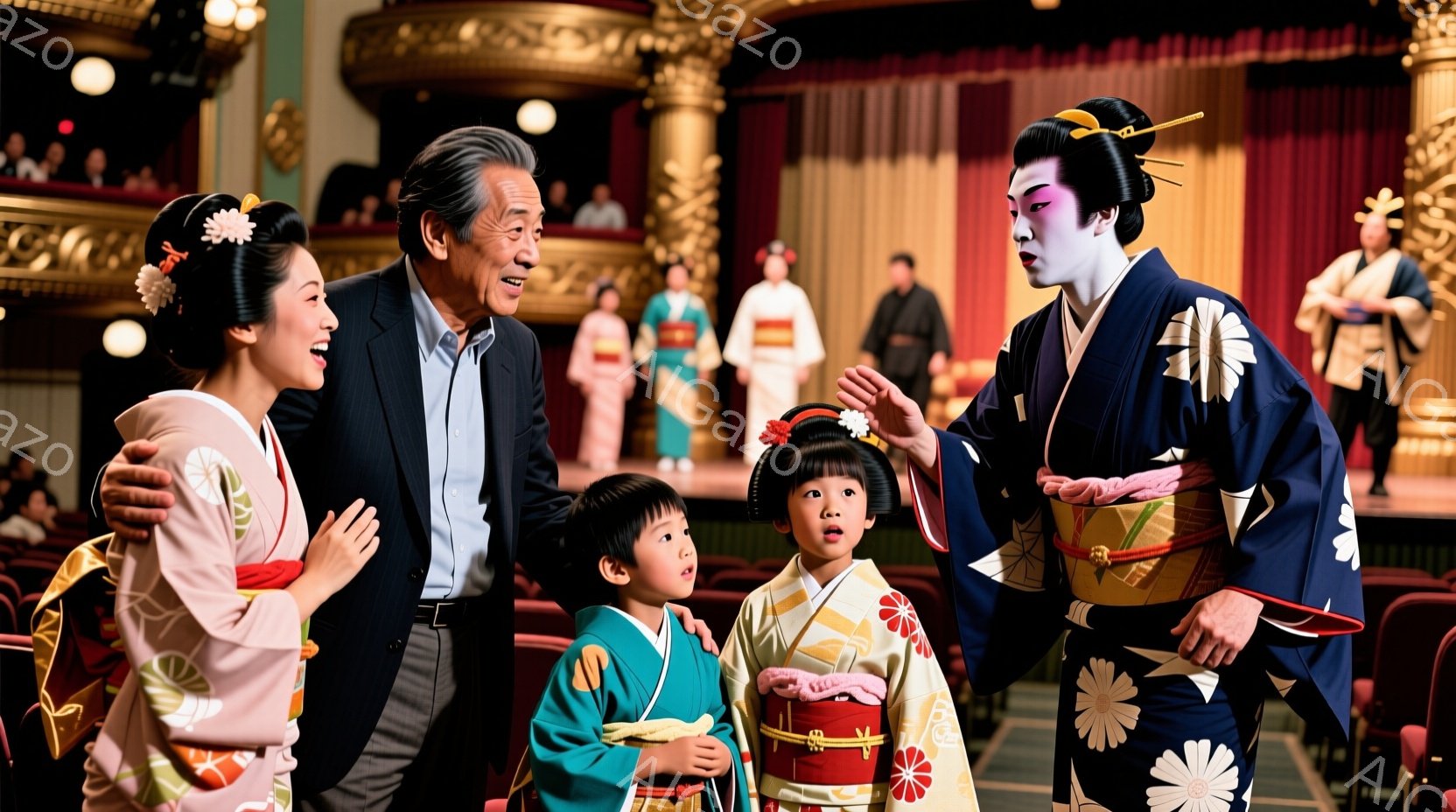舞台の袖で、着物を着た女性と幼い子供たちが、隈取（くまどり）のメイクをした歌舞伎役者と対面している様子が描かれています。女性は薄緑色の着物で、子供たちはそれぞれ水色とピンクの可愛らしい着物を着ており、 - AI生成フリー素材