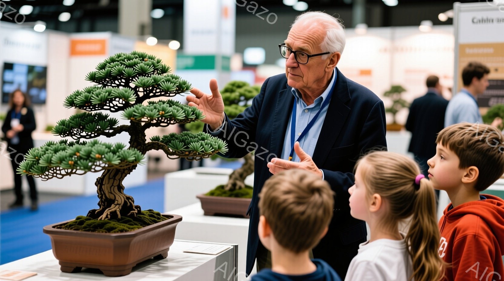 年配の男性が盆栽を指して、数人の子供たちに説明している様子が写っている。男性は紺色のジャケットと白いシャツを着ており、子供たちはカジュアルな服装で盆栽に興味津々な表情をしている。背景には他の盆栽や展示ブースが見え、イベント会場のような賑やかな雰囲気が感じられる。
