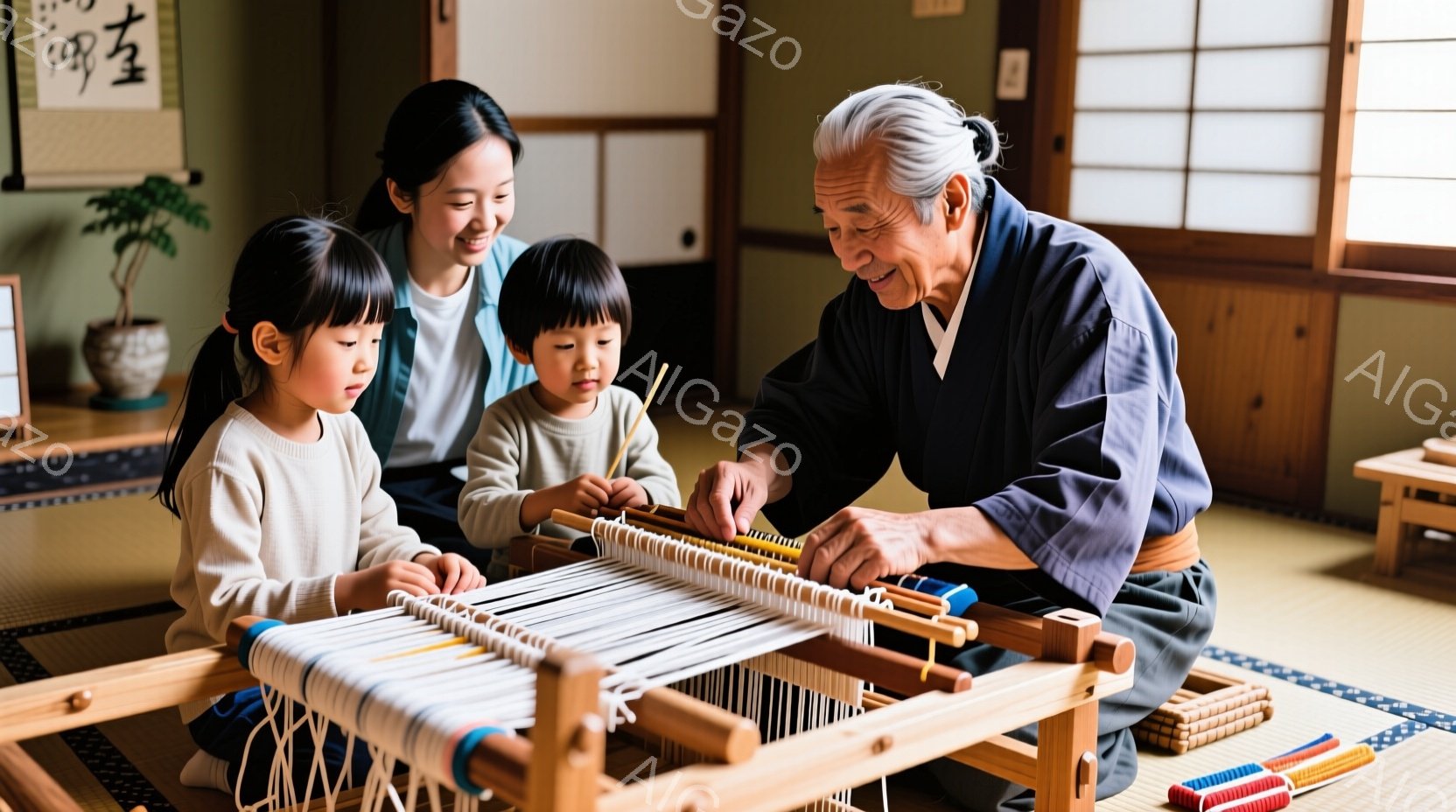 畳の上で、若い女性と二人の幼い子供たちが、年配の男性から織機の使い方を教わっている様子が描かれている。女性は微笑み、子供たちは興味津々で織り糸を操ろうとしている。背景には、掛け軸や植物が飾られた日本の - AI生成フリー素材