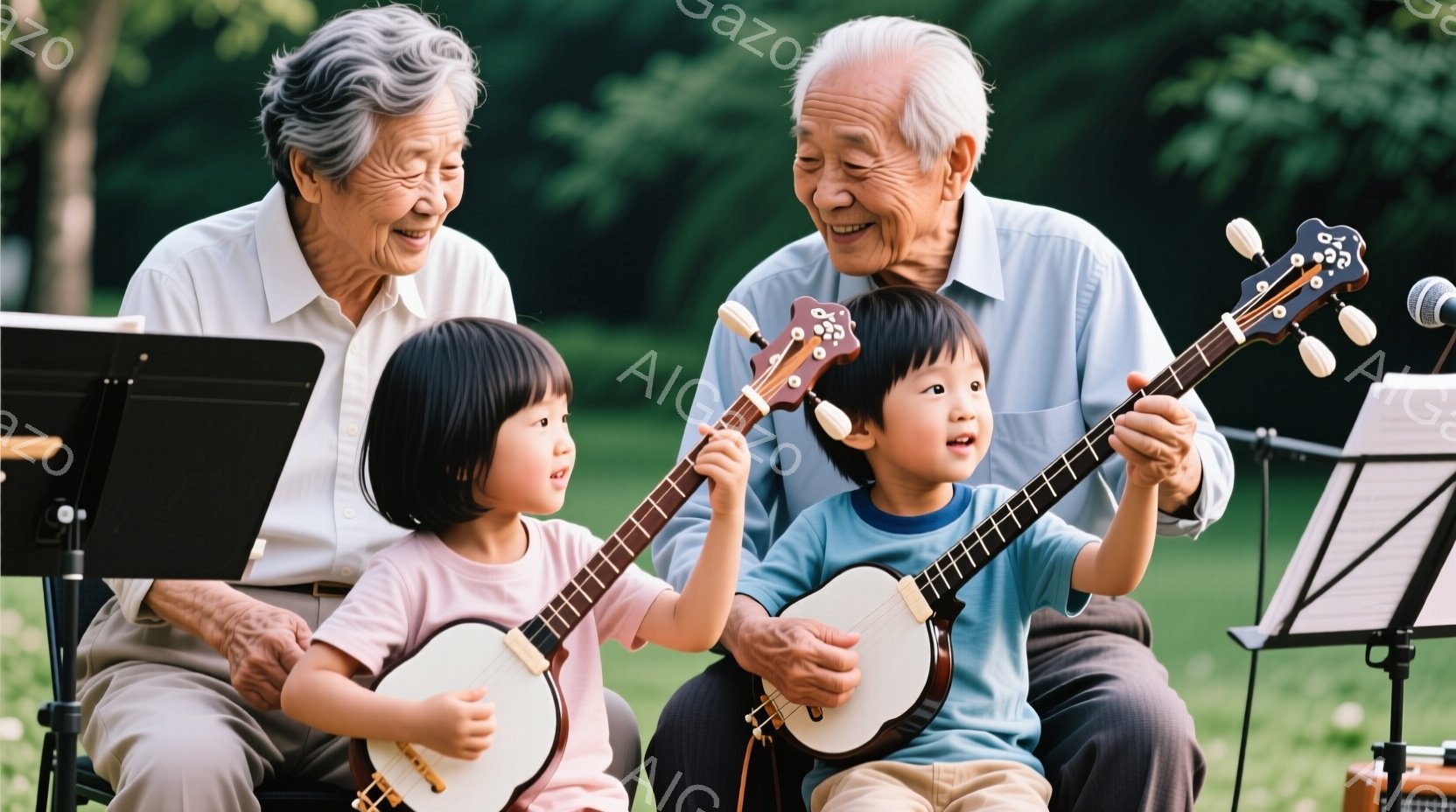 祖父と二人の子供が、それぞれバンジョーを演奏している写真です。祖父は膝を曲げて座り、子供たちは嬉しそうにバンジョーを弾いています。背景には緑豊かな木々があり、明るい日差しが差し込み、温かく楽しい雰囲気 - AI生成フリー素材