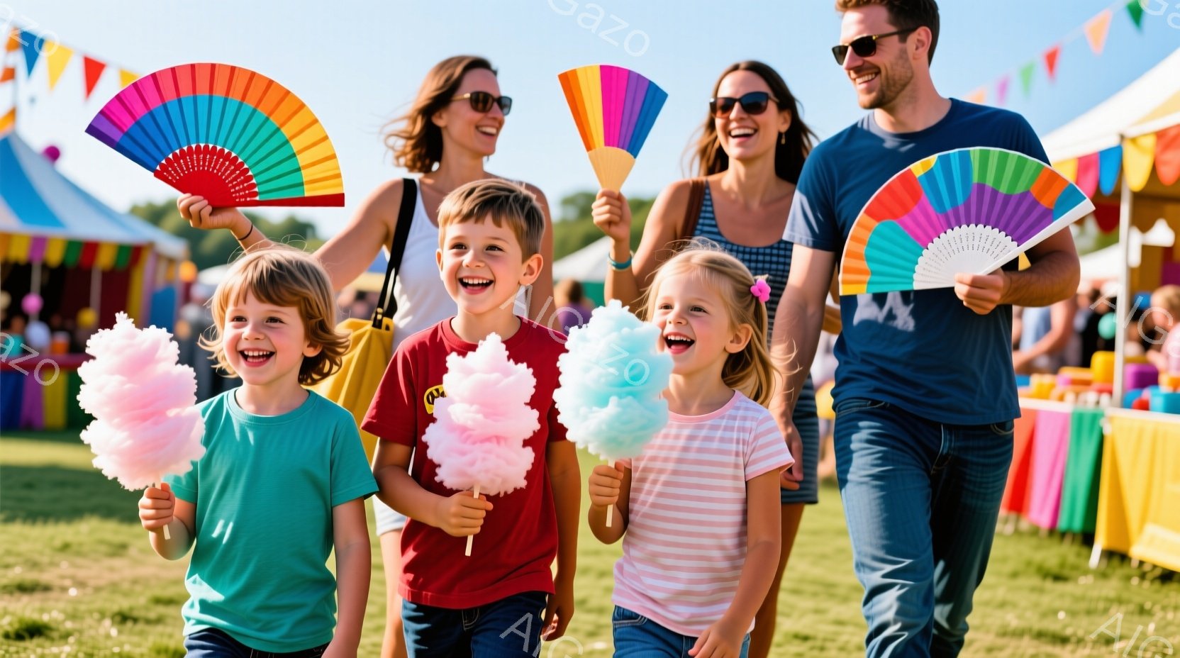 鮮やかな緑の芝生の上を、笑顔の家族が綿あめを持って歩いている。母親は黒いトップスとジーンズ、父親はネイビーのシャツを着ており、それぞれ子供たちと並んで歩きながら楽しんでいる。背景にはカラフルなテントや屋台が見え、晴天の下、明るく楽しいお祭りの雰囲気が漂っている。