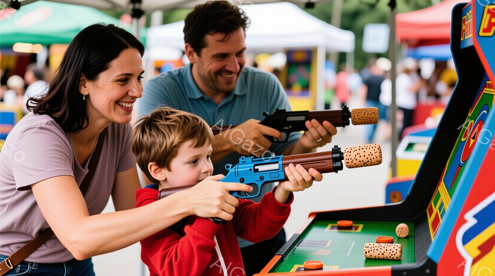 赤毛の少年が、お母さんと一緒に射撃ゲームに挑戦しています。少年は赤いジャケットを着て、真剣な表情で銃を構え、お母さんは笑顔で少年の肩を支えています。背景には、屋台やゲームブースが並び、楽しげな祭りの雰囲気が漂っています。