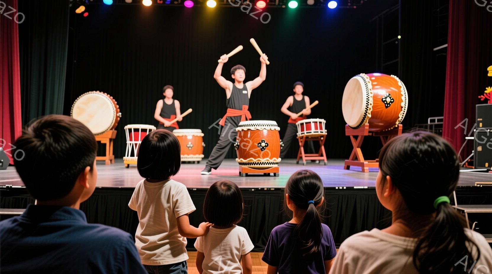 太鼓演奏者がステージ上で太鼓を叩いている様子が写っています。彼らは黒い装束に赤い帯を締め、力強い姿勢で太鼓を叩いています。観客席には子どもたちがおり、ステージを背にして演奏を見守っています。