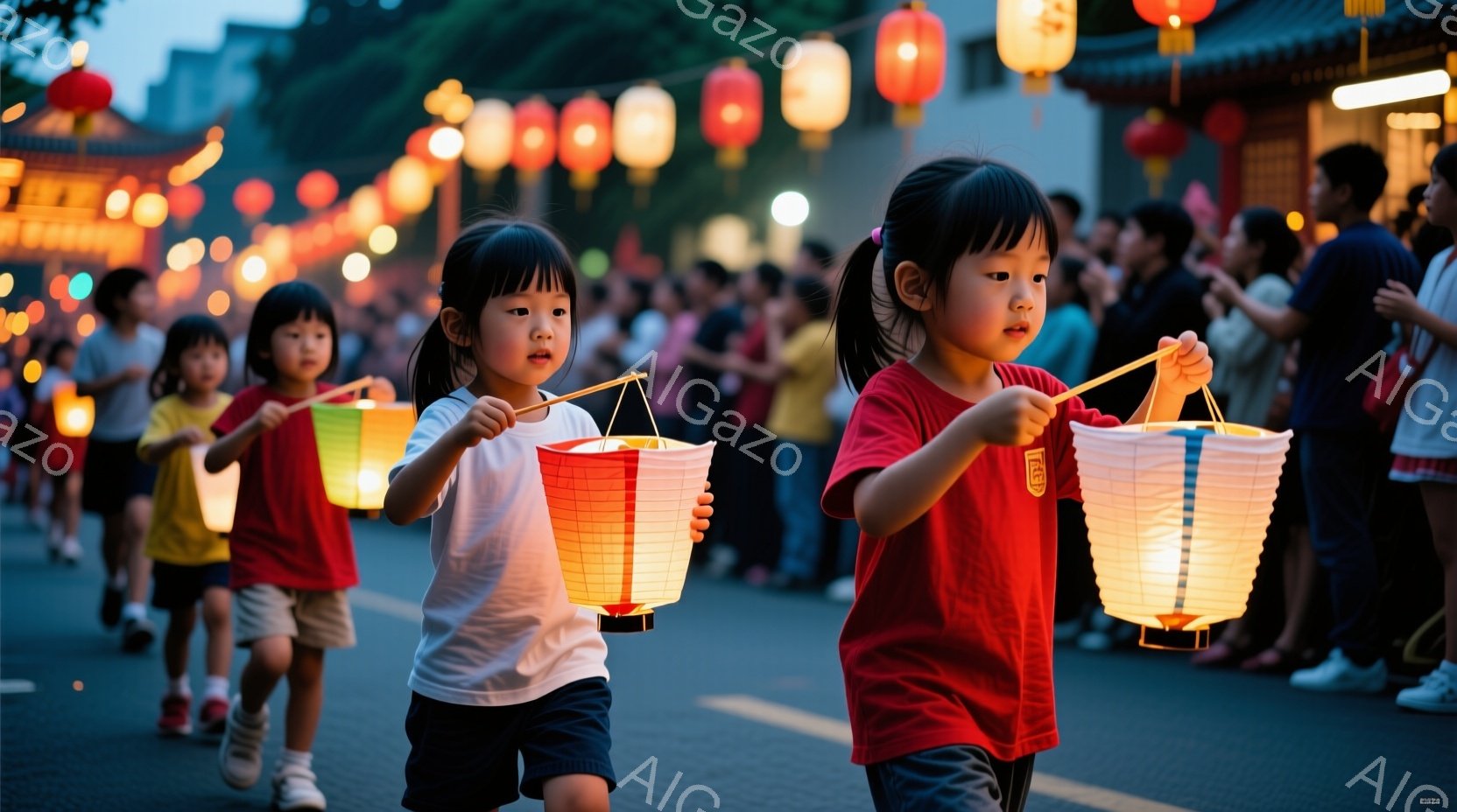 夜景です。中央に位置する少女が赤の衣装を着て、両手に赤の灯りを持って行進しています。その周りには他の人々も同様に灯りを持って行進しており、照明が強く、屋根には紅の灯りが点灯されています。背景には建物と街道が見え、天気は晴れであるようです。雰囲気としては、日本の祭典や行事の様子が描かれています。
