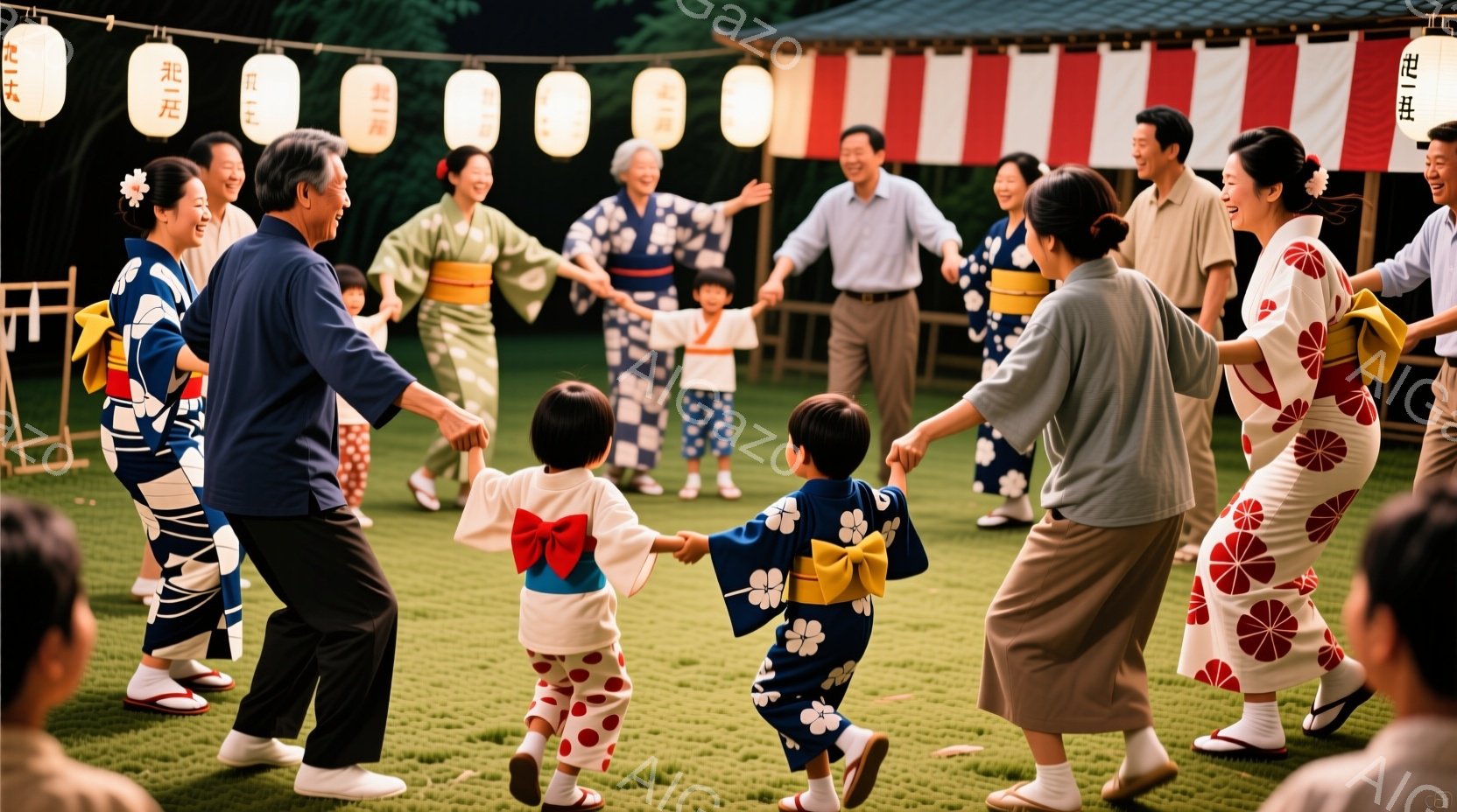多くの人々が円になって踊っています。女性たちは花柄の浴衣を着ており、男性は浴衣と半袖シャツにズボンというスタイルです。背景には提灯が並び、緑豊かな自然が広がっており、夏の夜の祭りのような、明るく楽しい - AI生成フリー素材