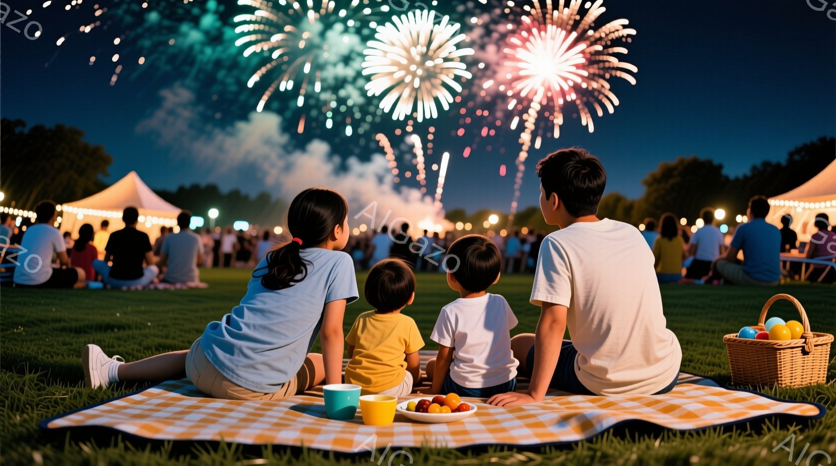 芝生の広場にレジャーシートを広げ、幼い子供たちが花火を見上げています。一番手前の女の子は水色のTシャツを着ており、後ろの男の子は黄色のTシャツを着ています。背景にはたくさんの観客、白いテント、そして夜 - AI生成フリー素材