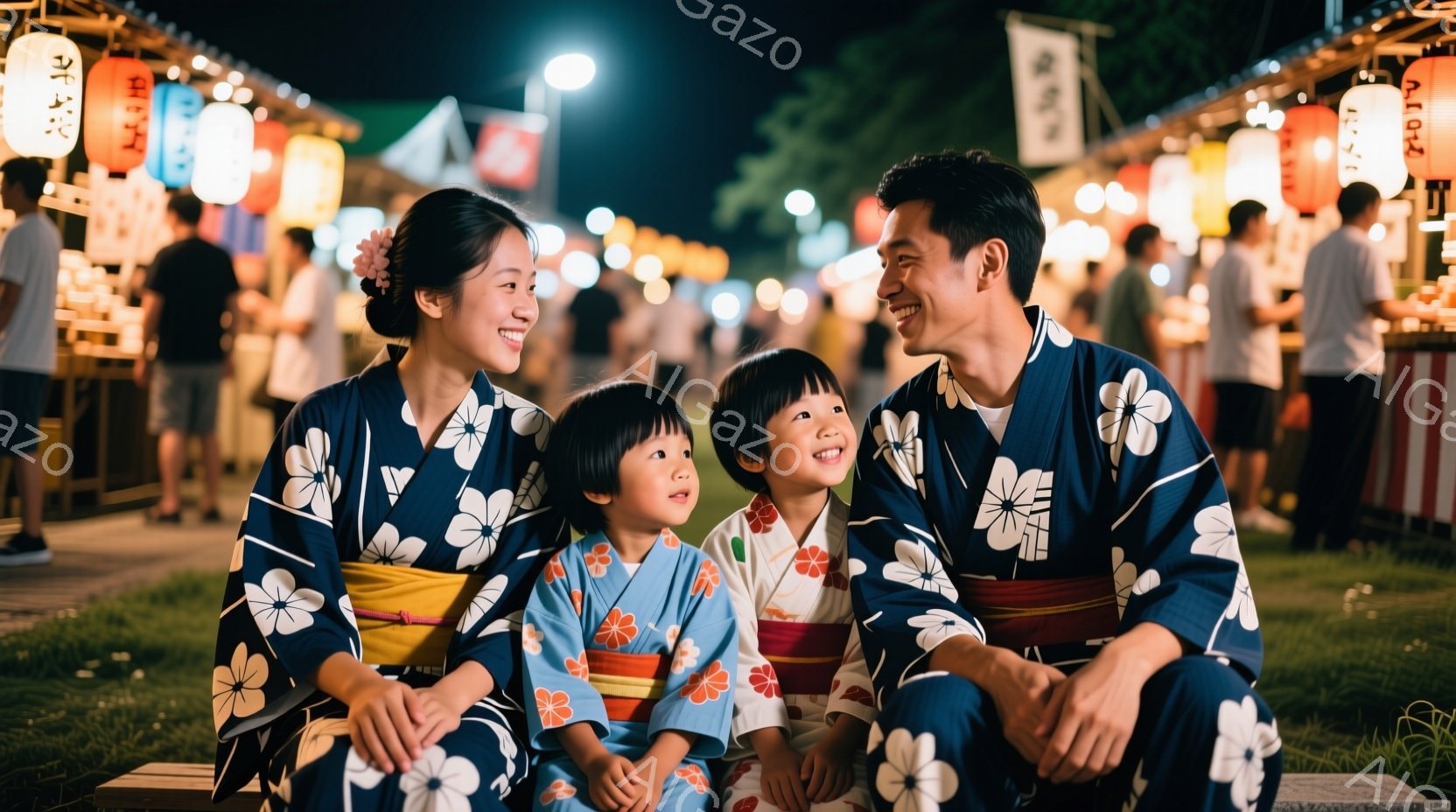 夜の祭りで、浴衣を着た家族が並んで座っています。母親は黒地に白い花柄の浴衣に、娘たちはそれぞれピンクと水色の浴衣、父親は黒地に白い模様の浴衣を着ています。皆笑顔で、祭りの提灯が灯る賑やかな背景が、温か - AI生成フリー素材