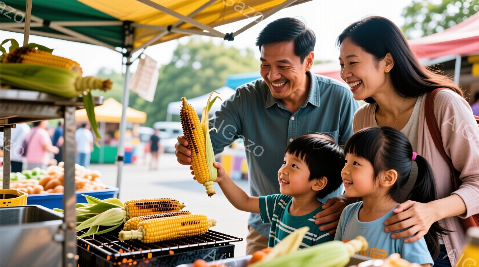 鮮やかな色彩のコーンが並ぶ市場で、父親が娘たちと一緒にコーンを手に取り楽しんでいます。父親は明るいブルーのシャツを着て笑顔を見せ、娘たちはそれぞれピンクと水色のTシャツを着て、興奮した表情でコーンを見つめています。背景には他の買い物客や市場の屋根が見え、明るい日差しが差し込む、活気のある雰囲気です。