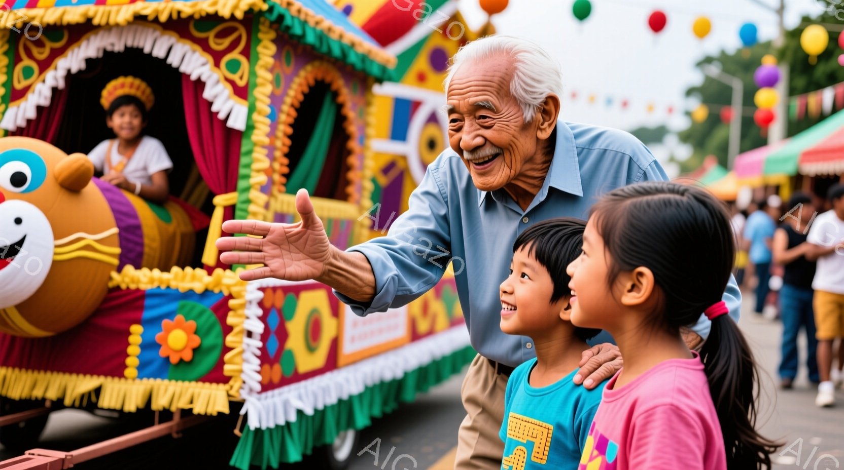 白髪の高齢男性が、ピンク色のシャツを着た少女の肩に手を置き、笑顔で何かを語りかけている。背景には、カラフルな装飾が施された巨大な車が写り、多くの人々がぼんやりと見える。全体的に、晴れた日の賑やかな祭りのような、明るく楽しい雰囲気が漂っている。