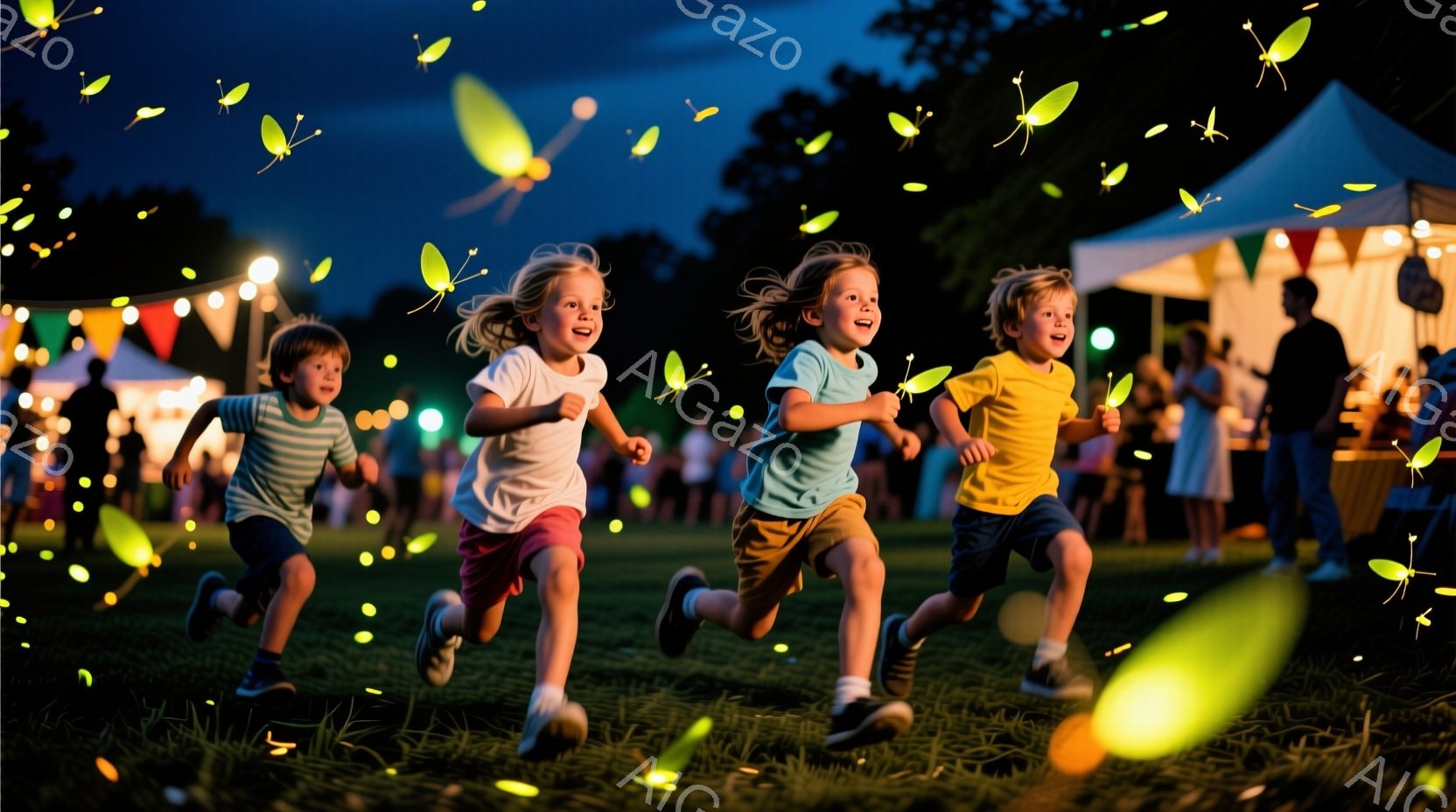 夜の公園で、4人の子供たちが楽しそうに走り回っている様子が写っている。子供たちは皆、カジュアルな服装で、明るい色のTシャツと短パンを着ており、髪は風になびいている。背景には、ぼんやりとテントや人々の姿が見え、周囲には光るホタルが舞っており、幻想的な雰囲気を醸し出している。