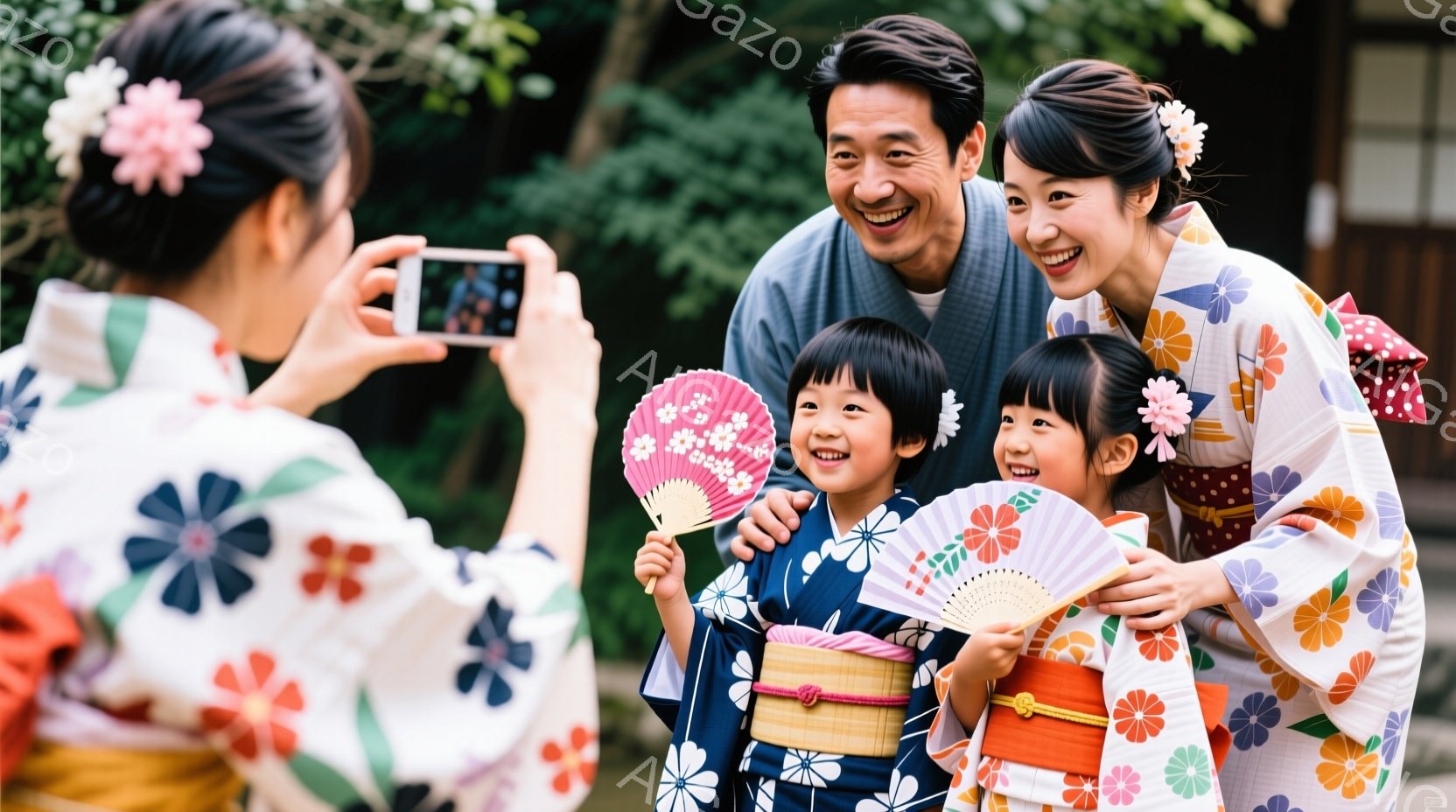 鮮やかな着物を身につけた家族が、楽しそうに記念撮影をしている様子が写っています。母親は花柄の着物と、髪に飾られた花飾りで華やかさを添え、笑顔で子供たちを写真に収めています。背景には緑豊かな木々が見え、晴天の下、家族の温かい雰囲気が伝わってきます。