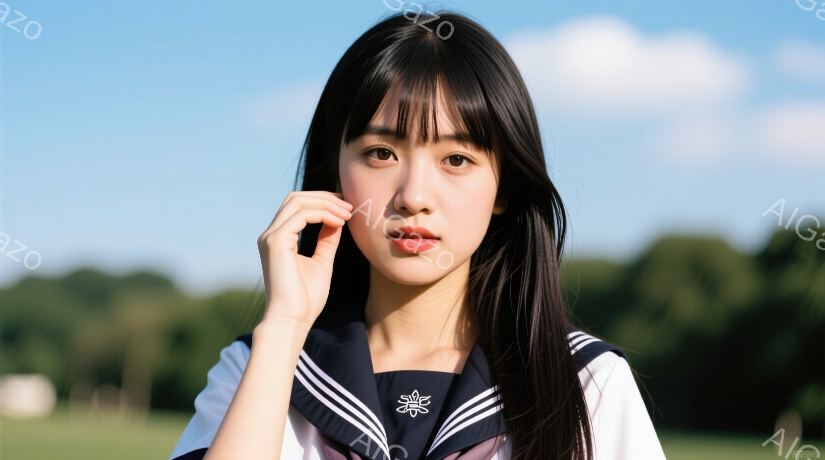 長い黒髪を肩にかけ、紺色のセーラー服を着た若い女性が写っている。彼女は片手を頬に当て、わずかに微笑んでいるように見える。背景は緑豊かな木々と青空で、穏やかで明るい雰囲気が漂っている。 - AI生成フリー素材