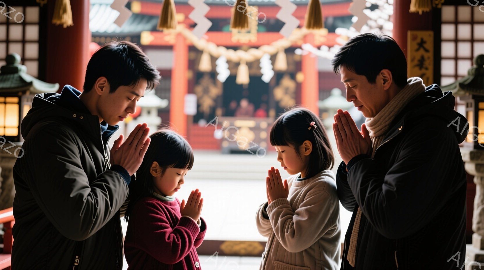 神社の前で祈る若い男性と2人の幼い女の子が写っています。男性は黒いジャケットを着ており、女の子たちはそれぞれ赤いセーターと白いセーターを着ています。全員が手を合わせ、目を閉じて祈っており、背景には伝統的な日本の建造物と提灯がぼんやりと見え、厳かで落ち着いた雰囲気が漂っています。