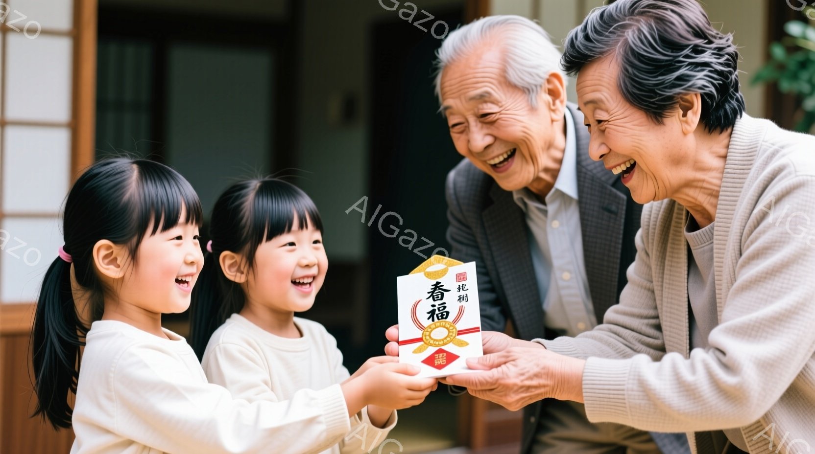 笑顔の少女二人が、お年寄りの男性に赤い封筒を渡している様子が写っています。少女たちは白い長袖のシャツを着ており、黒髪を肩まで伸ばしています。背景には家の壁と緑が見え、晴れた日の温かい雰囲気が伝わってきます。