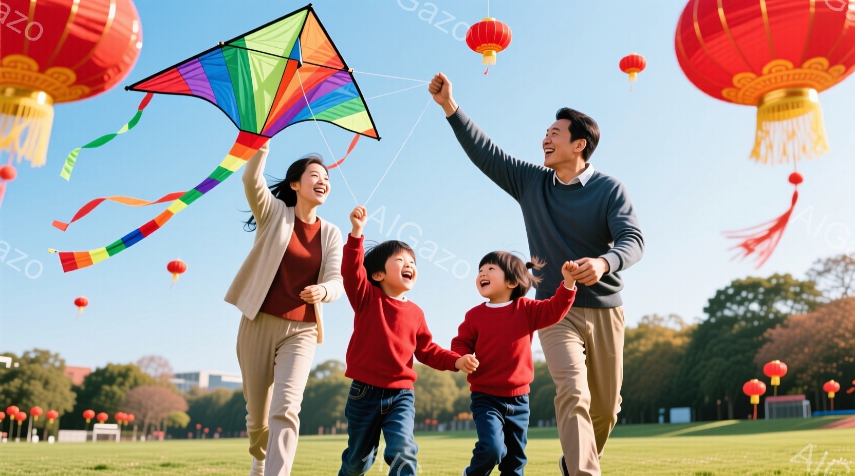 晴れた空の下、家族四人が広い公園で凧揚げを楽しんでいる様子が描かれています。母親はベージュのジャケットに赤いインナー、父親はグレーのセーターを着て、それぞれ子供たちと手をつないで凧を高く上げています。背景には緑の芝生と木々、そして中国風の赤い提灯が飾られており、明るく幸せな雰囲気が漂っています。