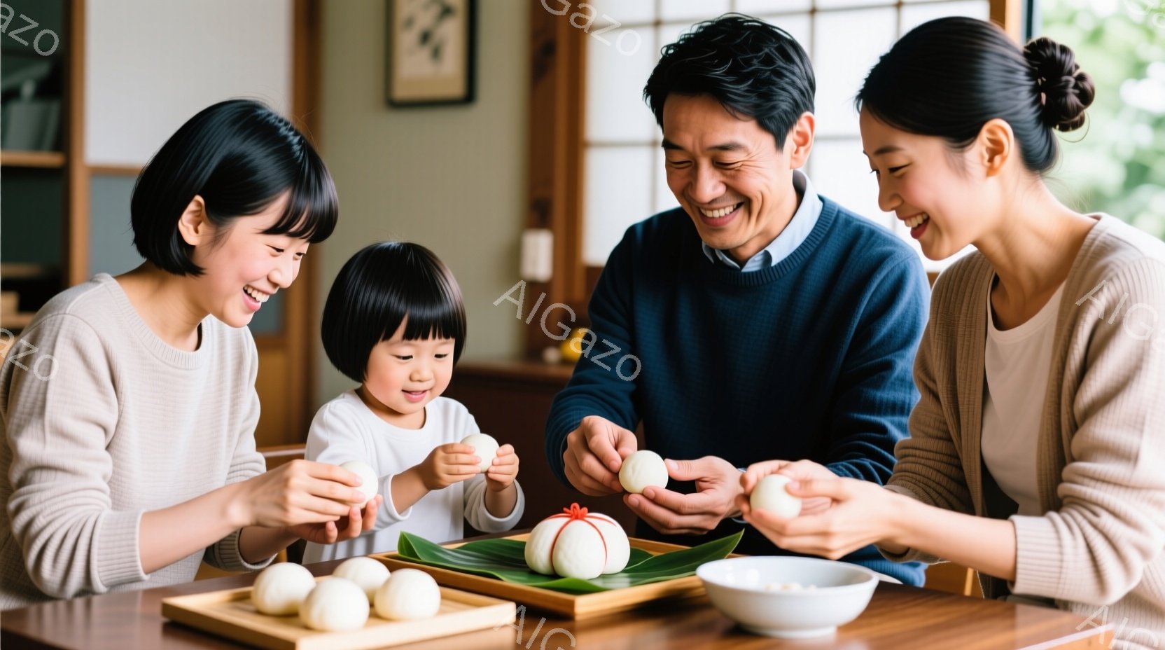 家族四人が食卓を囲み、お餅を手にしている様子が写っている。母親と祖母と思われる女性は笑顔でそれぞれ白いお餅を手に持ち、小さな女の子とお父さんは、より小さいお餅を手に嬉しそうにしている。背景には木製の棚 - AI生成フリー素材
